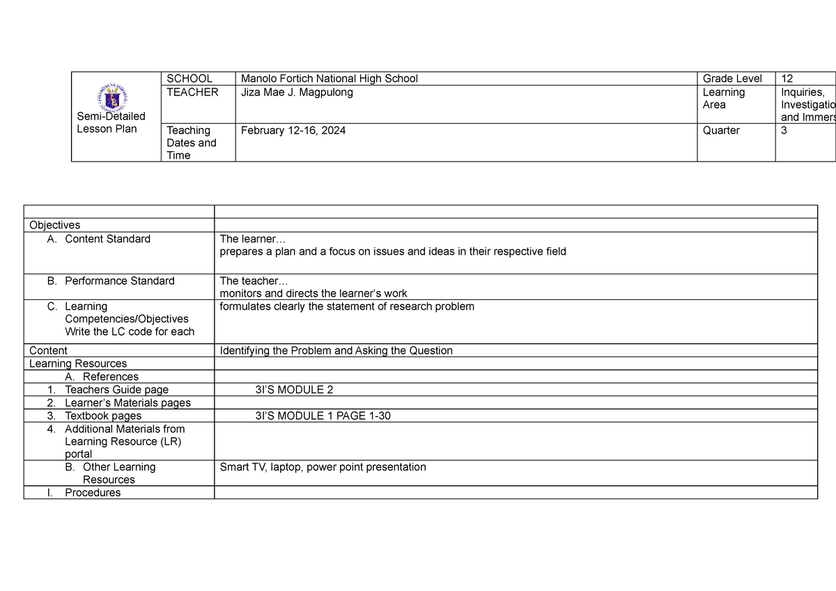 Week 2 - lesson plan - Semi-Detailed Lesson Plan SCHOOL Manolo Fortich ...