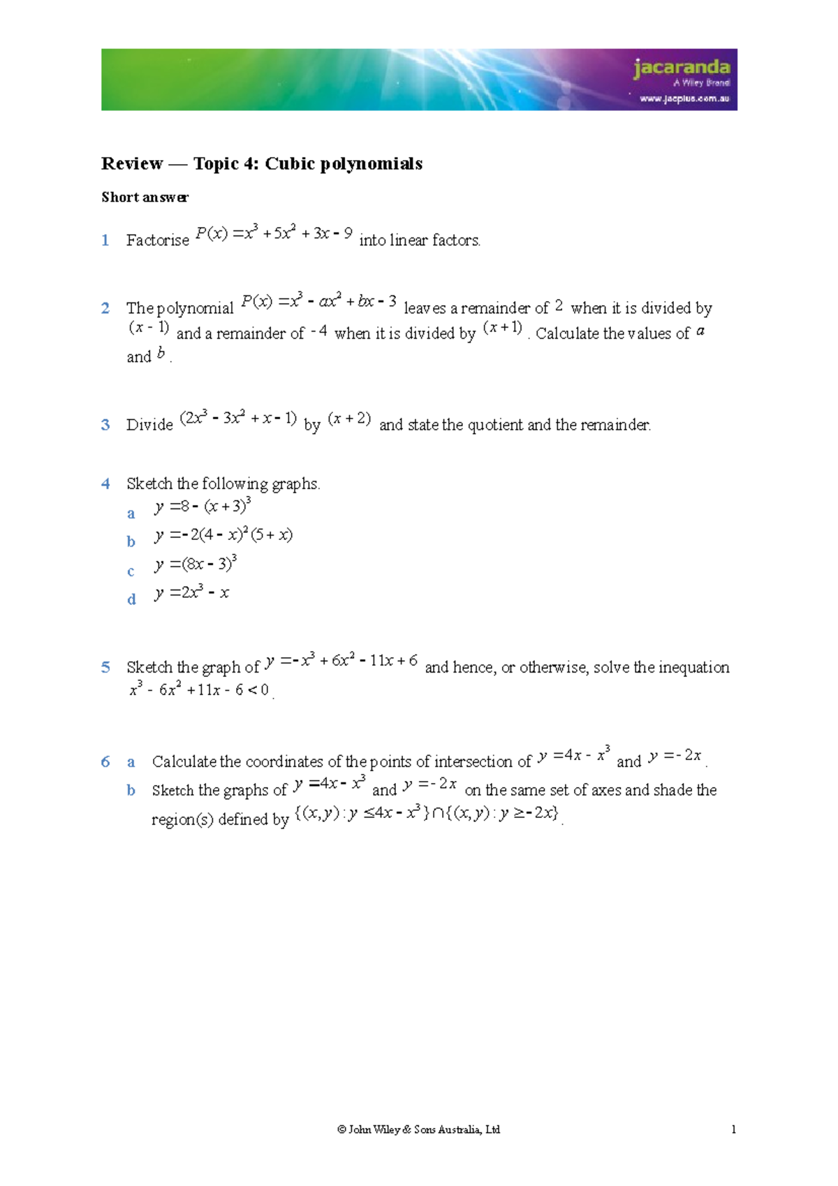 Doc-18104 - methods - Review — Topic 4: Cubic polynomials Short answer ...