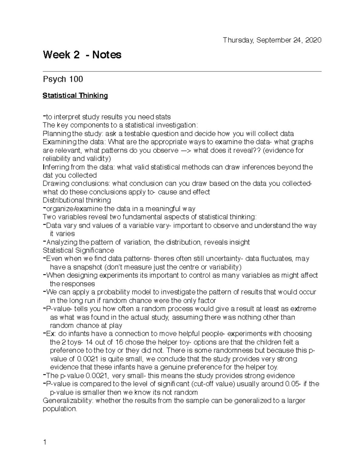 Psych 100 week 2 notes - Week 2 - Notes Psych 100 Statistical Thinking ...
