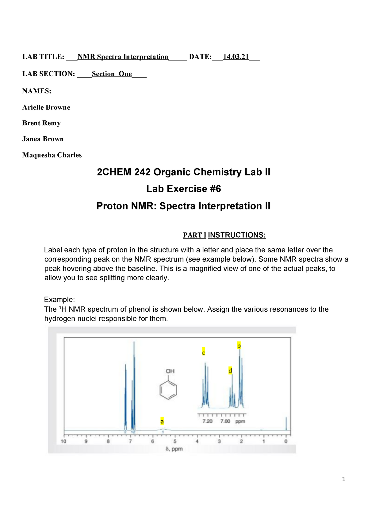 NMR#6 - NMR Organic Chemistry - LAB TITLE: ___ NMR Spectra ...