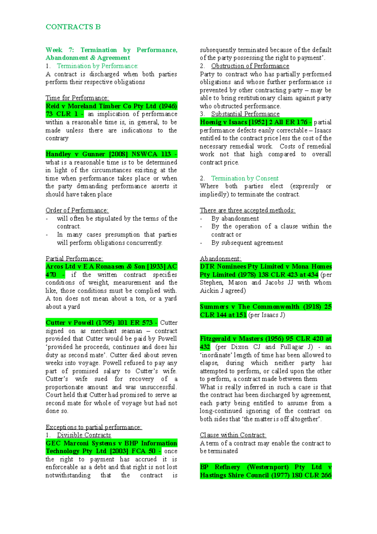 Week 7 CB - Lecture Notes 7 - CONTRACTS B Week 7: Termination By ...