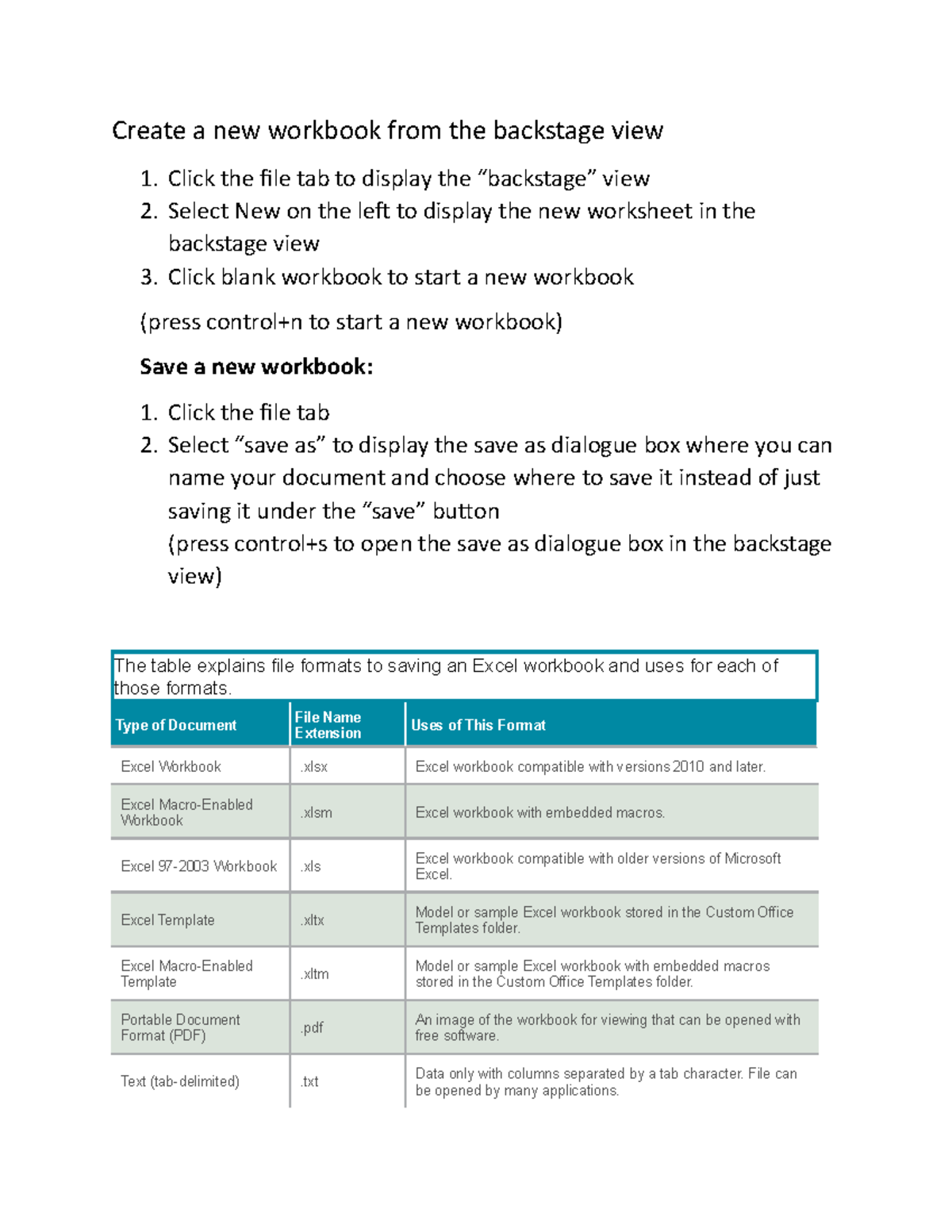 Notes for datasheets - Create a new workbook from the backstage view 1 ...