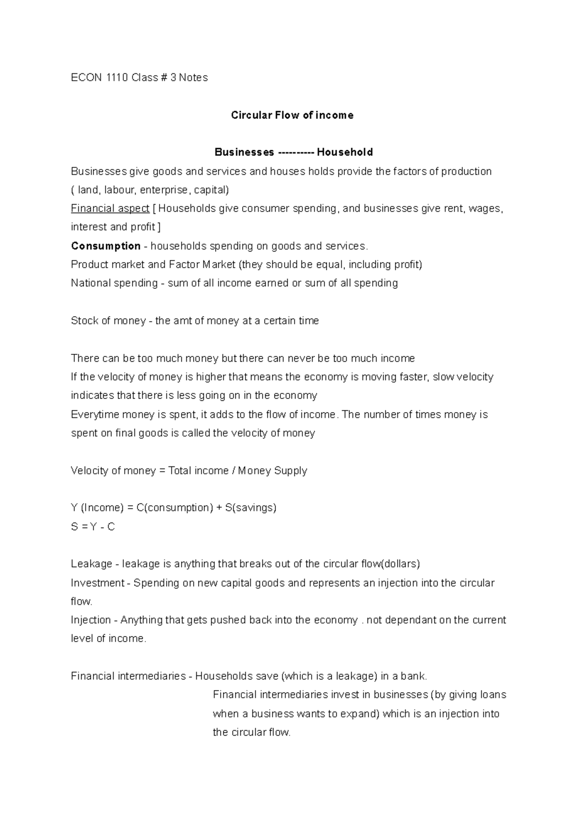 ECON 1110 Chapter 2 Notes - ECON 1110 Class # 3 Notes Circular Flow of ...