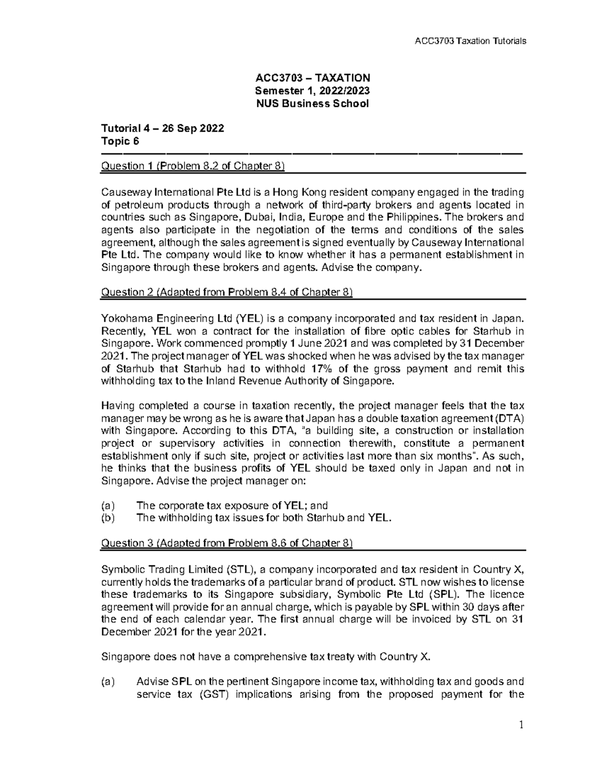 ACC 3703 Tut 4 - TUT questions - ACC3703 Taxation Tutorials 1 ACC3703 ...