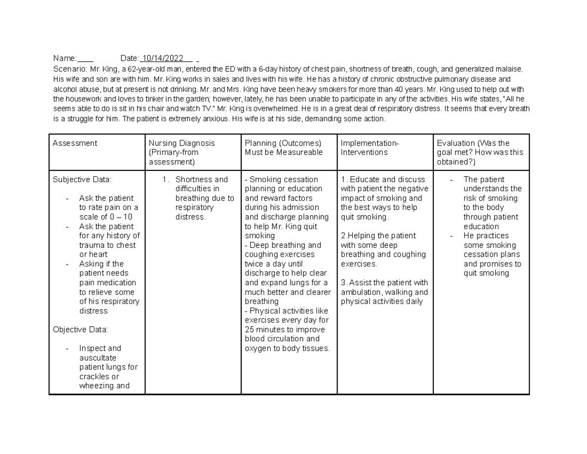 Care Plan #2 Oxygenation - Name: Date: 10/14/ Scenario: Mr. King, a 62 ...