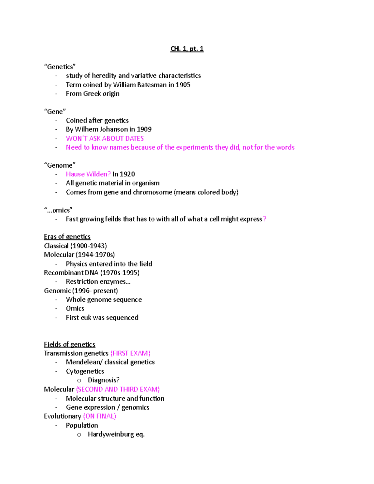 Ch 1 genetics - ch 1 - CH. 1, pt. 1 “Genetics” - study of heredity and ...