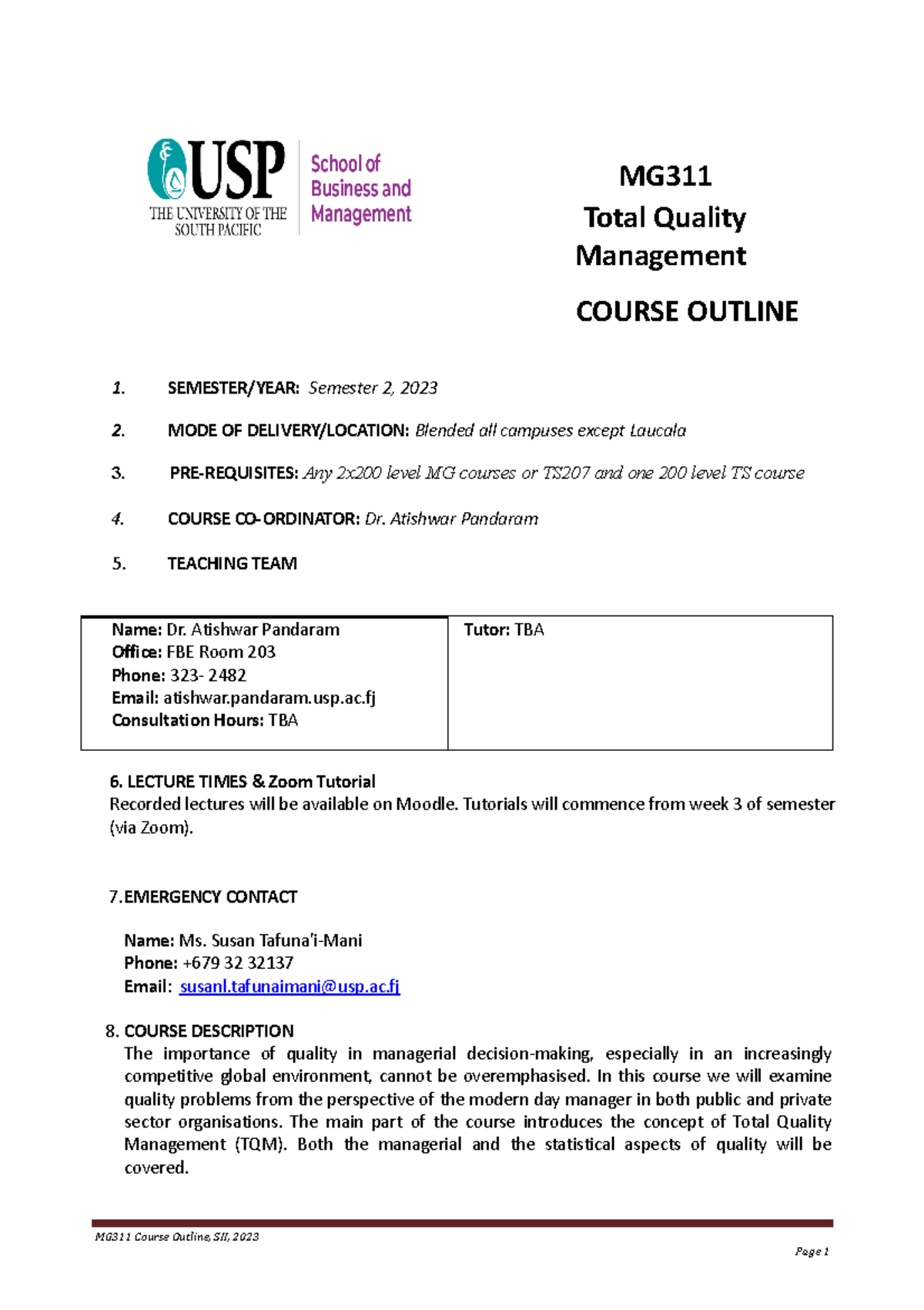 Mg311 Course Outline Sem 2 2023 Blended A - Mg Total Quality Management 