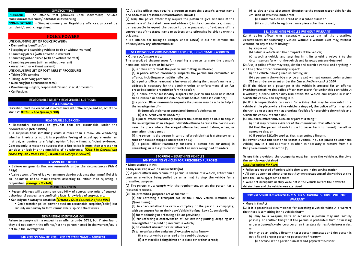 Crim B Template - Summary Criminal Law And Procedure B - OFFENCE TYPES ...