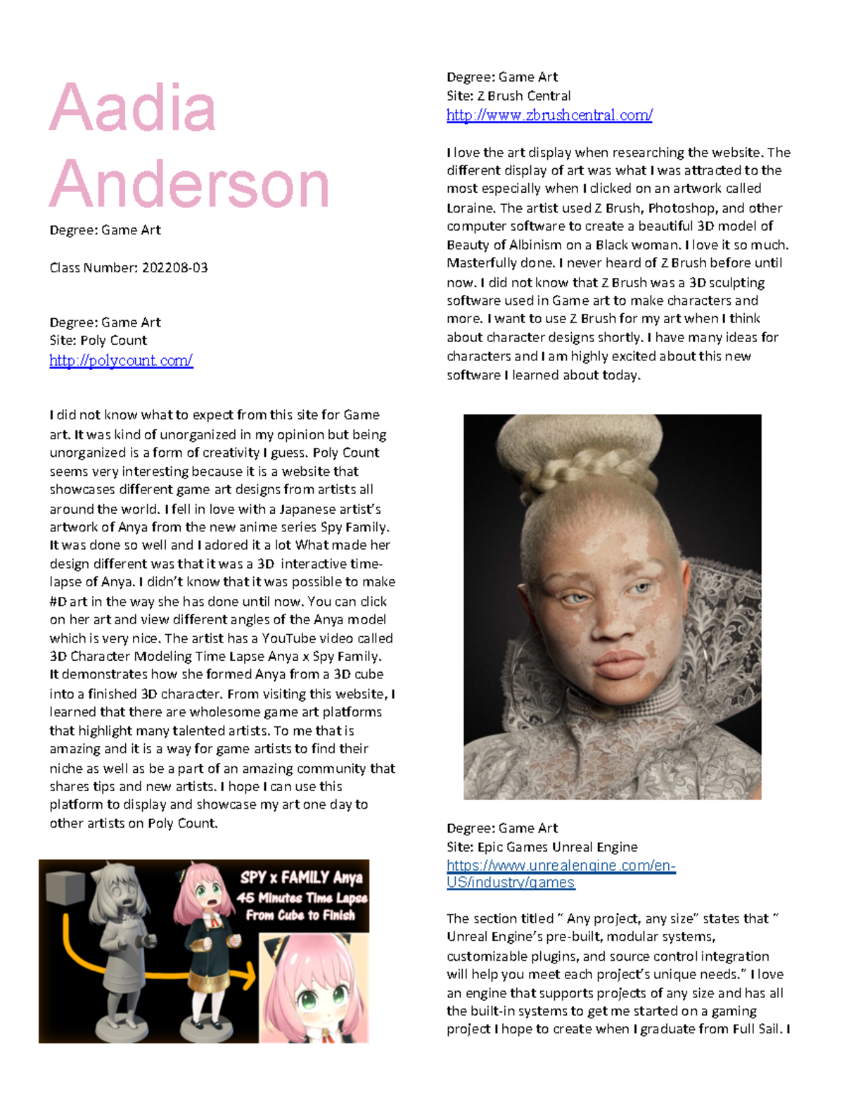 Game Art Industry Research Aadia Anderson Degree Game Art Class