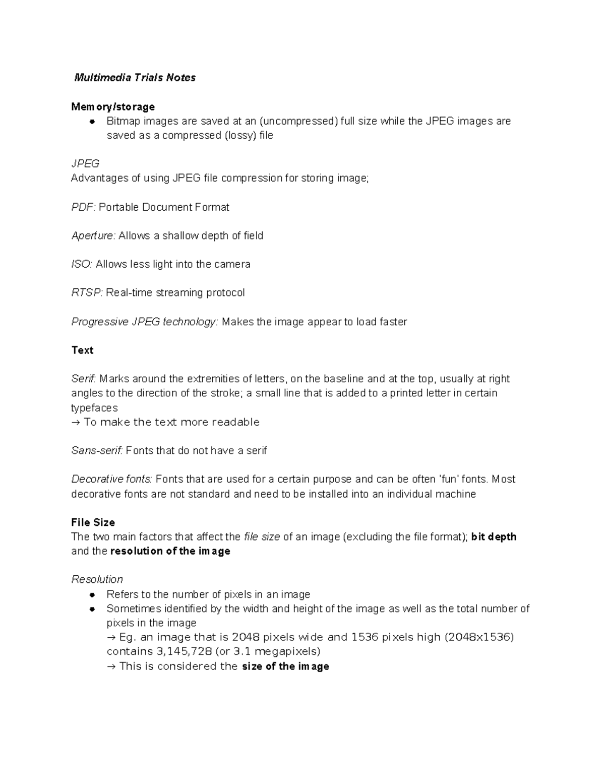Multimedia Trials Notes - Multimedia Trials Notes Memory/storage Bitmap ...