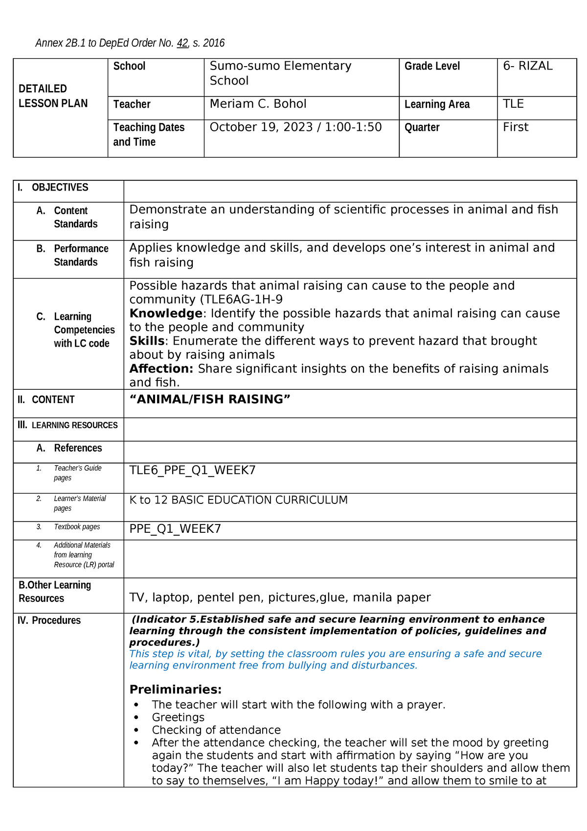 CO1 TLE6 - CLASS OBSERVATION PLAN GRADE 6 TLE - Annex 2B to DepEd Order ...