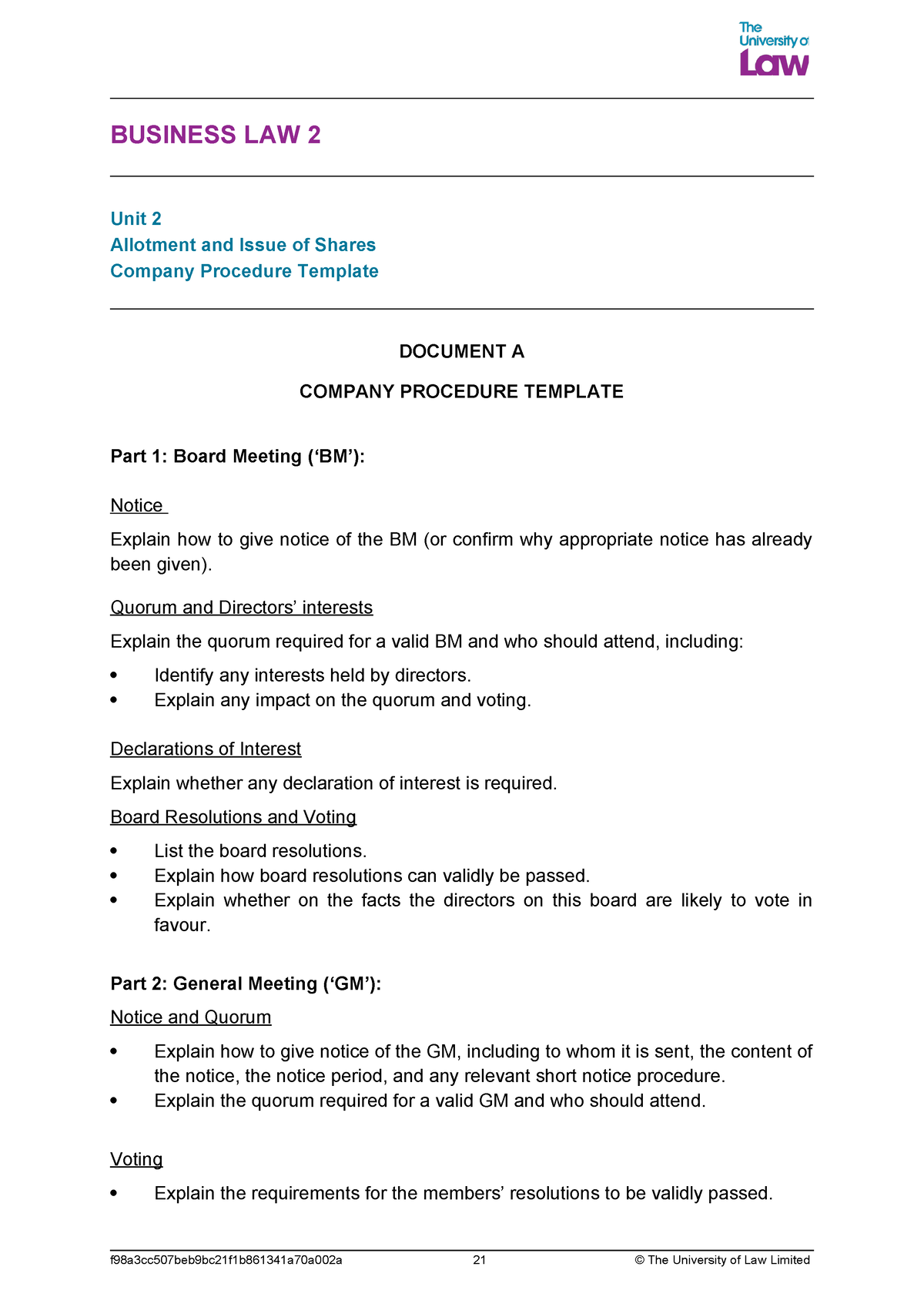 Company Procedure Template - BUSINESS LAW 2 Unit 2 Allotment and Issue ...