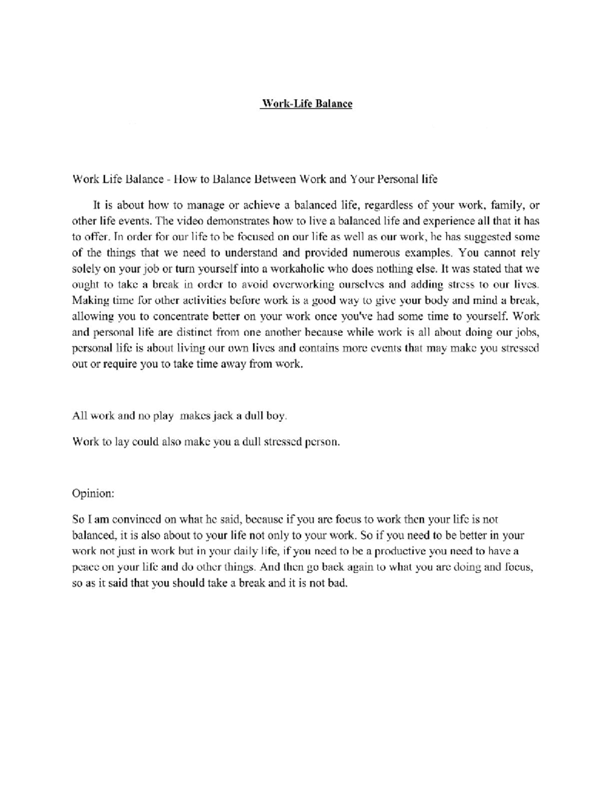 Work Life Essay - English Literature - Studocu