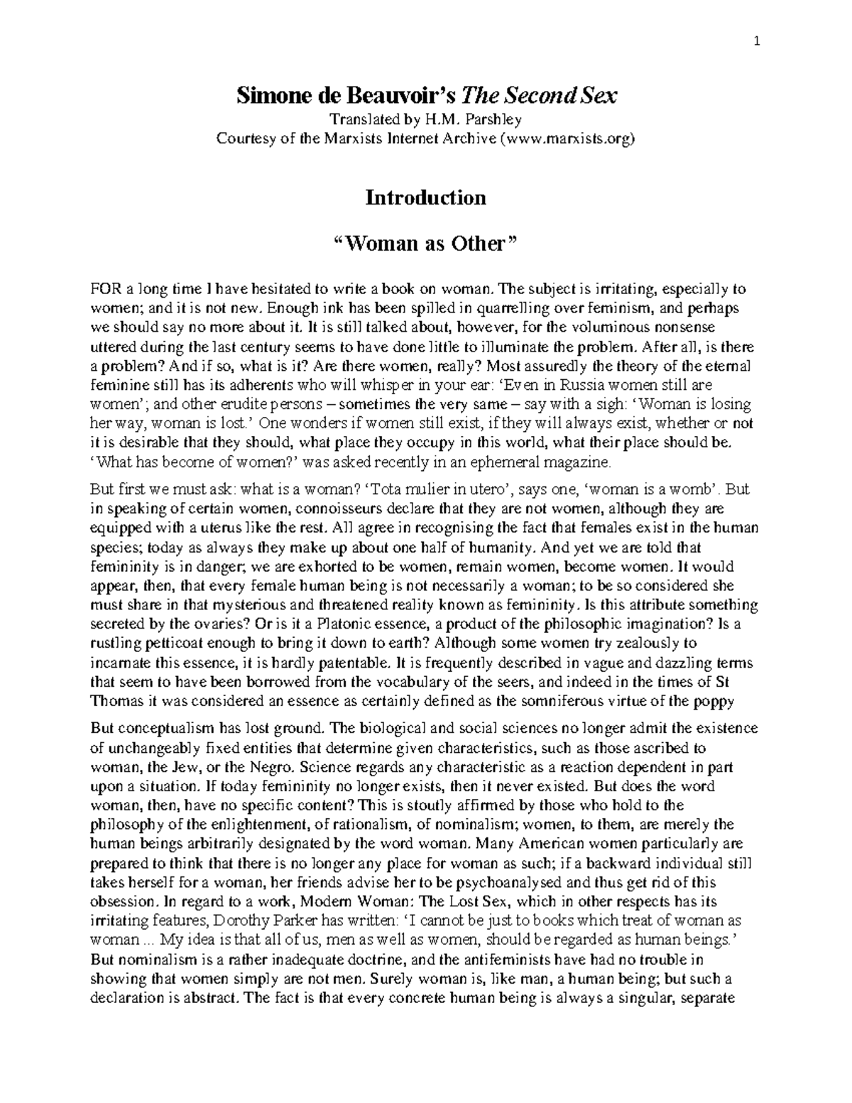 Reading 15 Beauvoir The Second Sex Simone De Beauvoirs The Second Sex Translated By H 7981