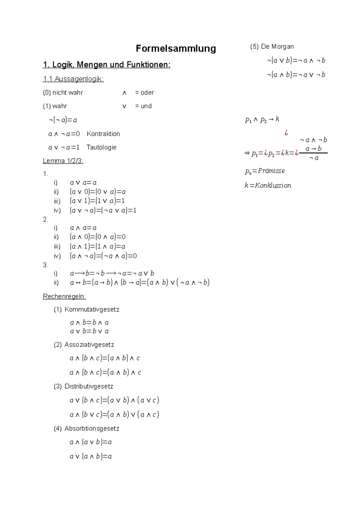 1. Logik, Mengen Und Funktionen - ( B ) B Formelsammlung ( B ) B 1 ...