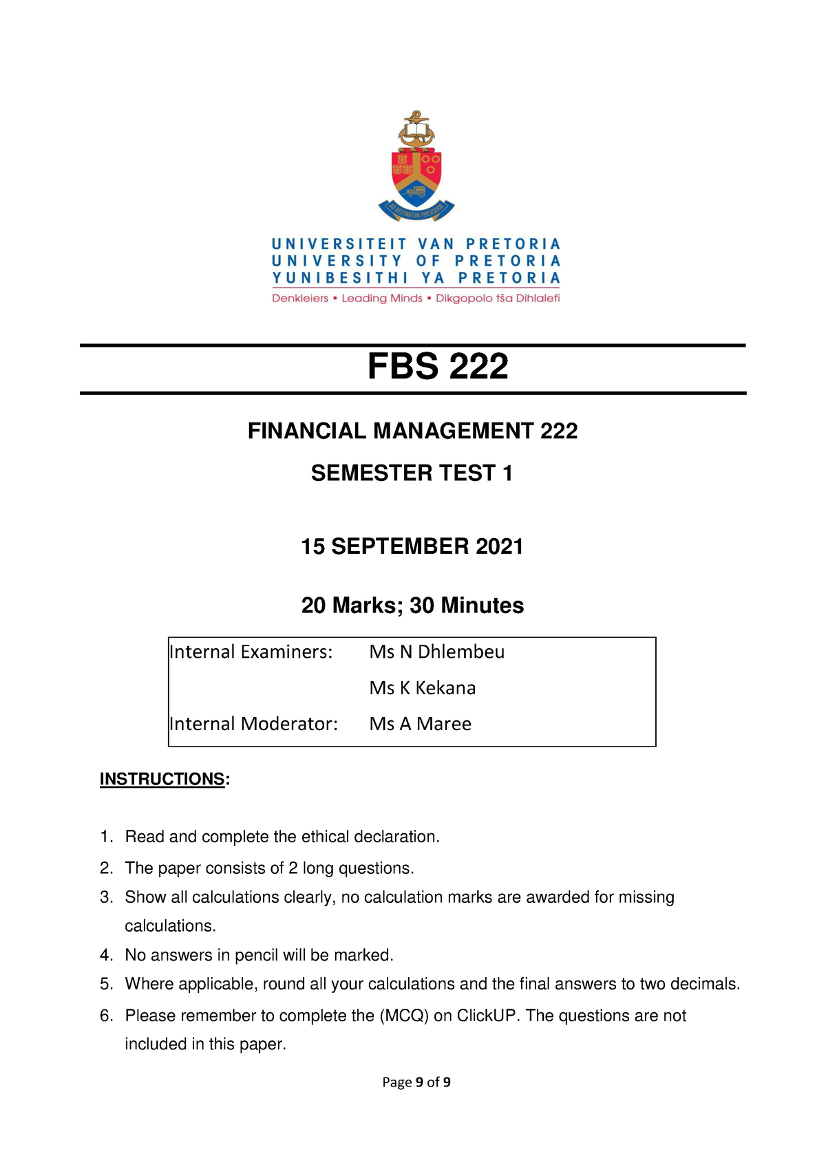 FBS 222 Semester TEST 1 Paper 2021 - FBS 222 FINANCIAL MANAGEMENT 222 ...