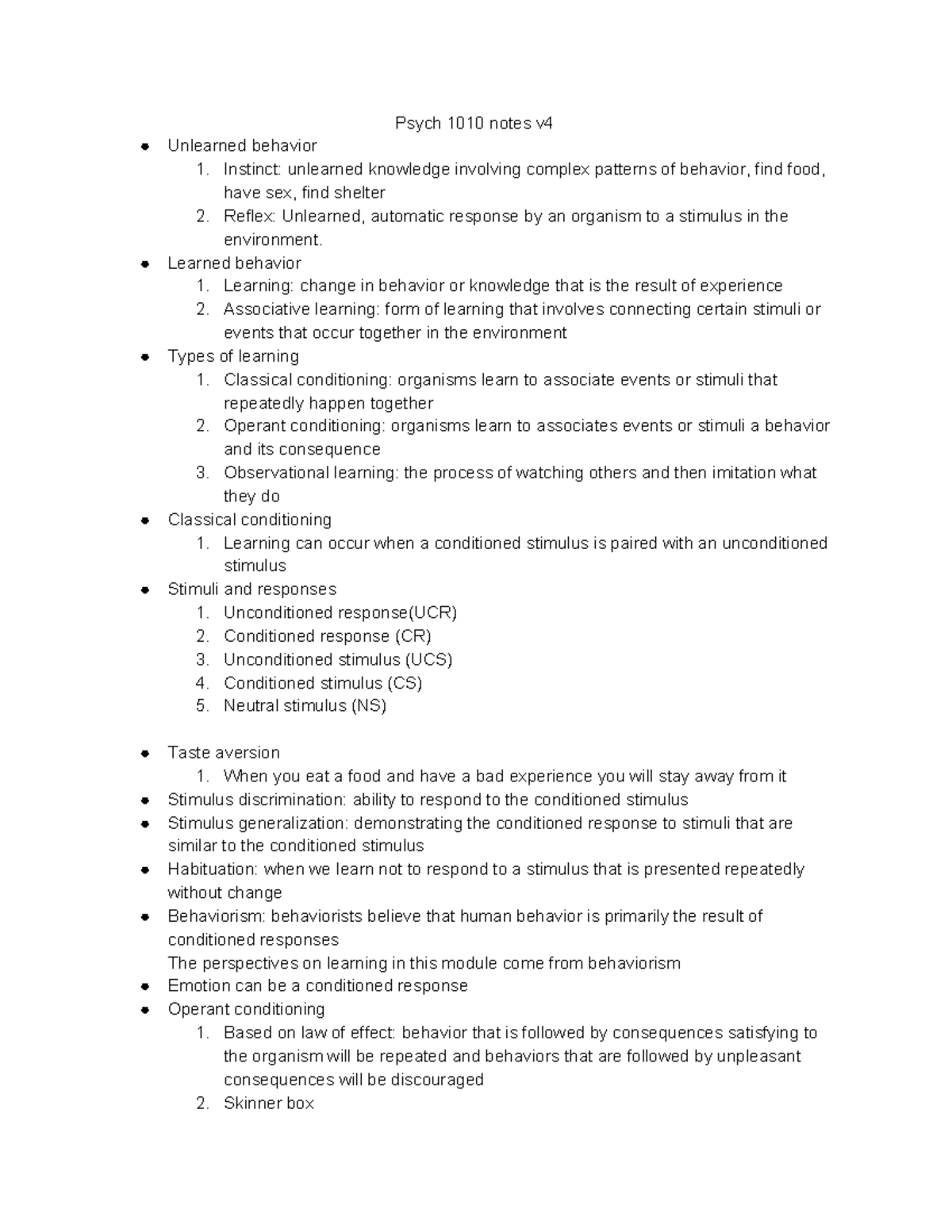 Psych 1010 Notes-Behavior - Psych 1010 Notes V Unlearned Behavior ...