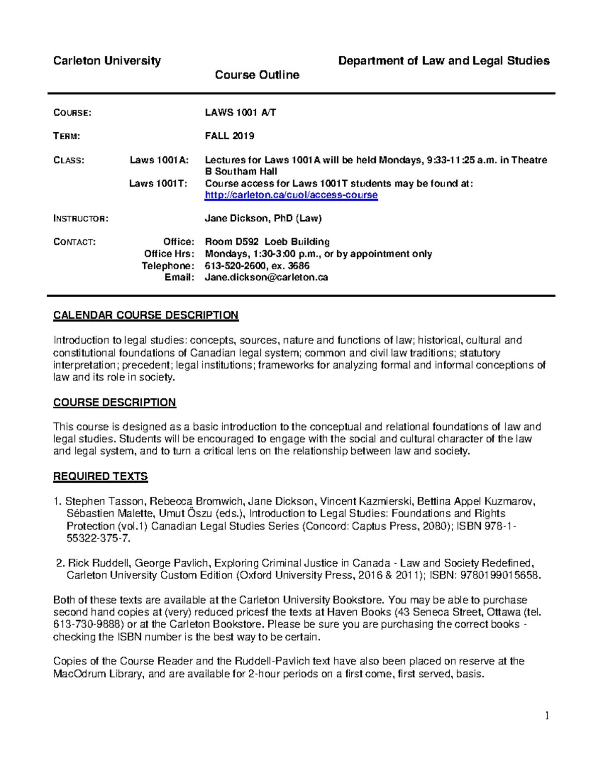 1001A T Dickson Falll 2019 - Carleton University Department of Law and ...