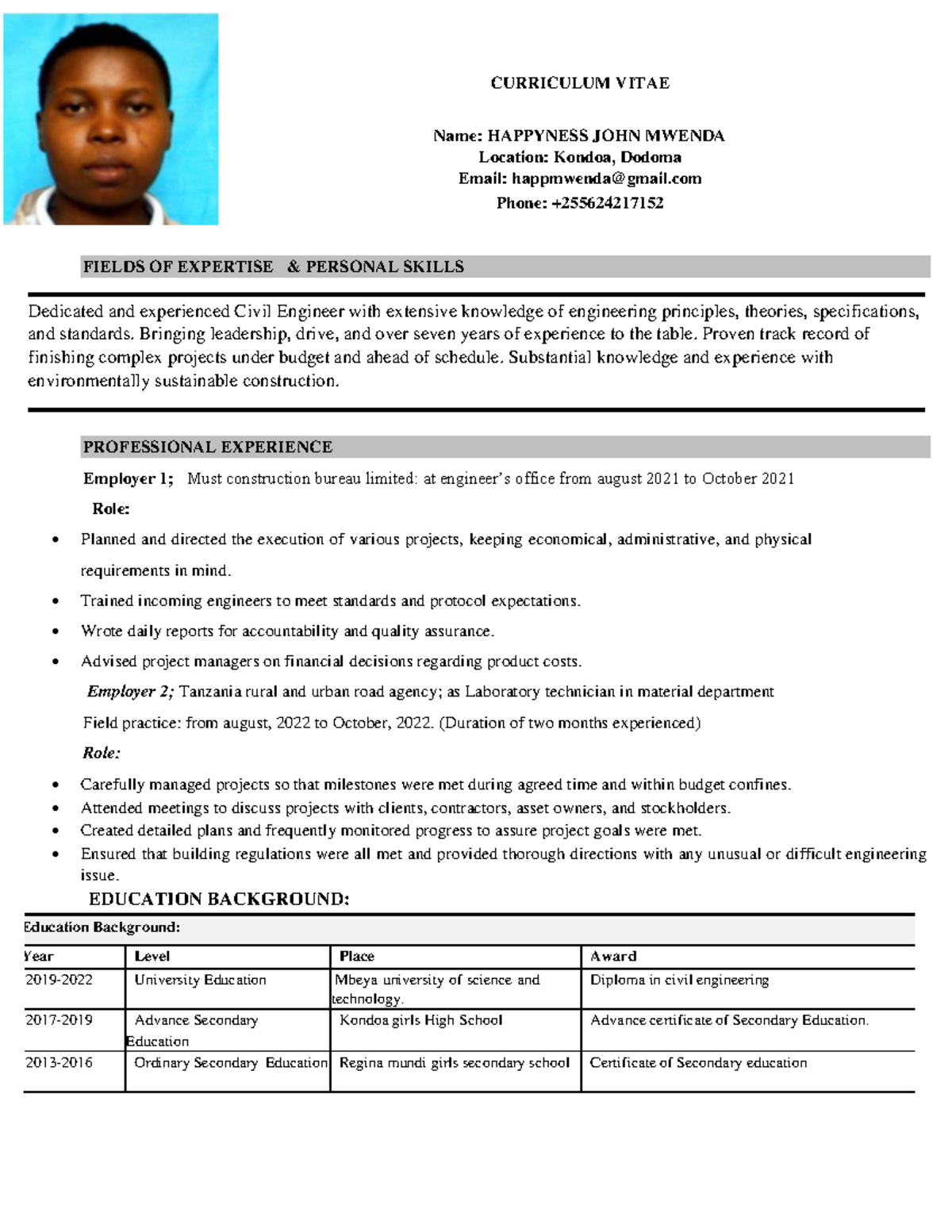 Happy cv - CURRICULUM VITAE Name: HAPPYNESS JOHN MWENDA Location ...