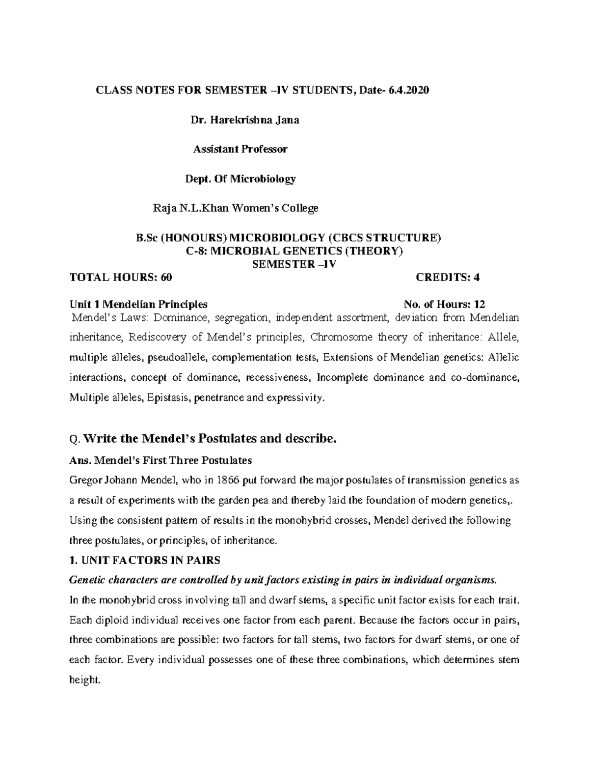 Mendelian genetics - CLASS NOTES FOR SEMESTER – IV STUDENTS, Date- 6 ...