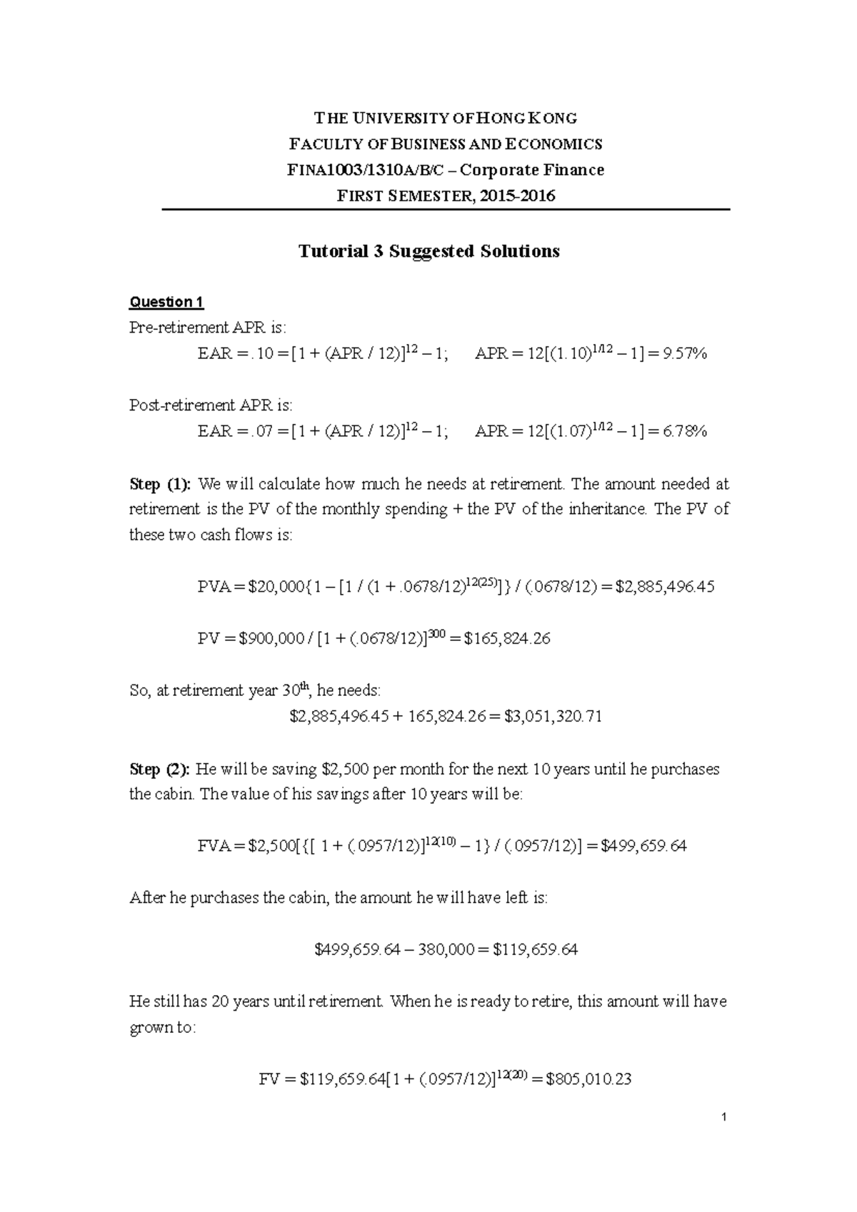 Tutorial 3 Problem Set Suggested Solutions (updated) - THE UNIVERSITY ...