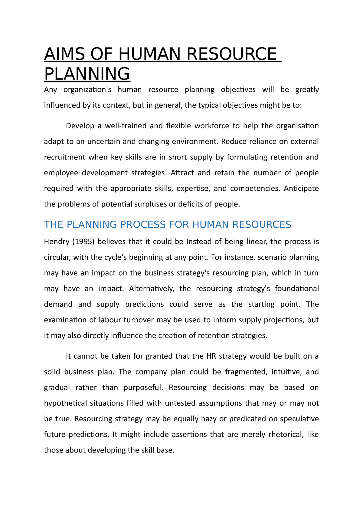 AIMS OF Human Resource Planning - AIMS OF HUMAN RESOURCE PLANNING Any ...