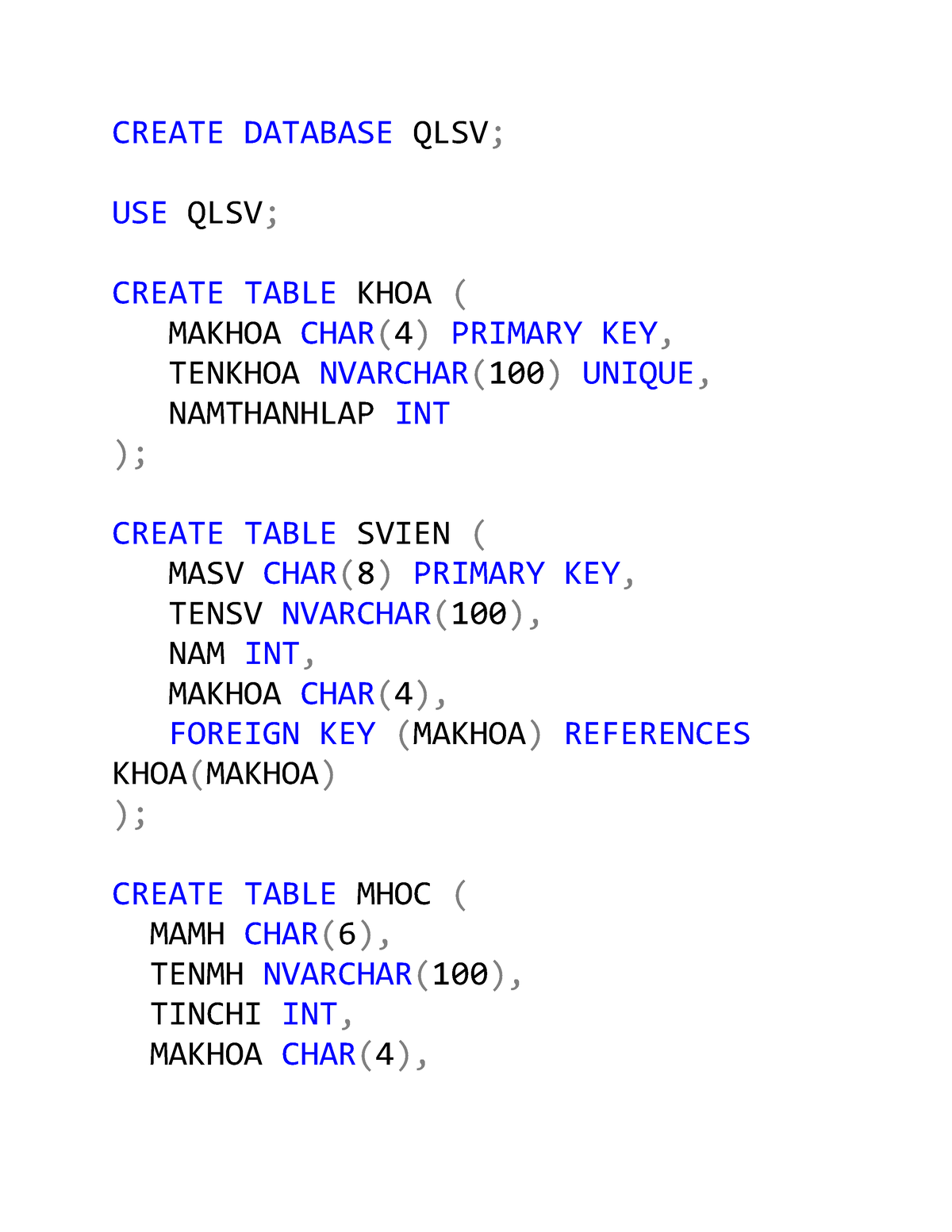 3122411075 Nguyen Thanh Hung Bth1 - CREATE DATABASE QLSV; USE QLSV ...