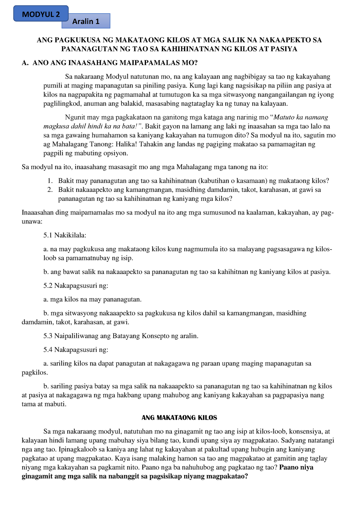 Modyul 2-Aralin 1 - ADONSOKSO - ANG PAGKUKUSA NG MAKATAONG KILOS AT MGA ...