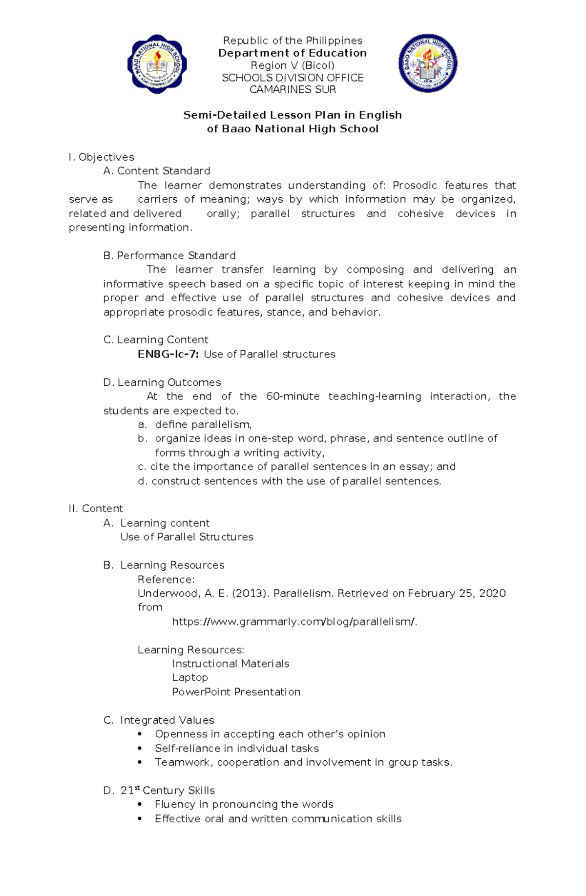 Semi-Detailed Lesson Parallel Structure - Department of Education ...