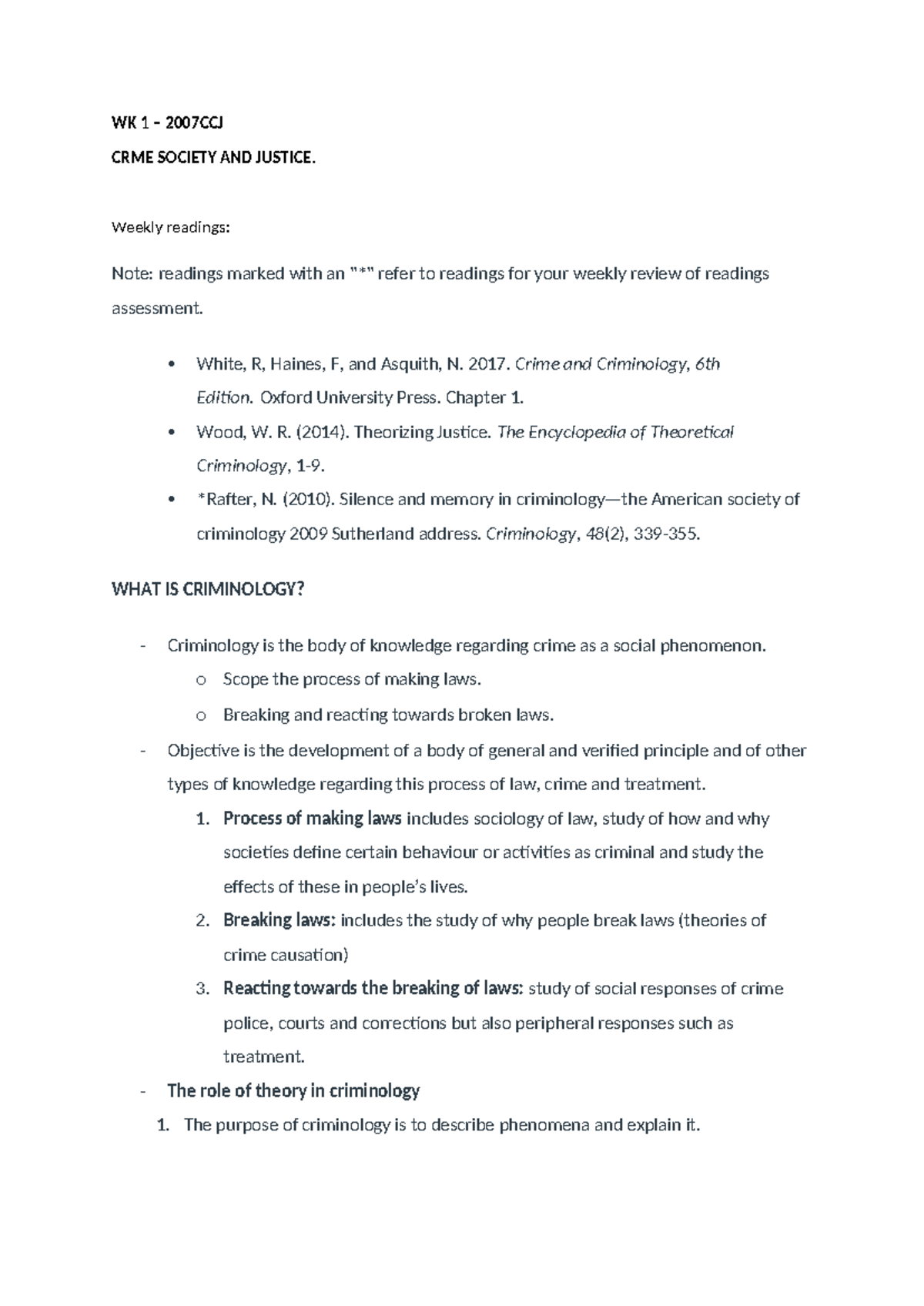 Week 1 what is crime notes - WK 1 – 2007CCJ CRME SOCIETY AND JUSTICE ...