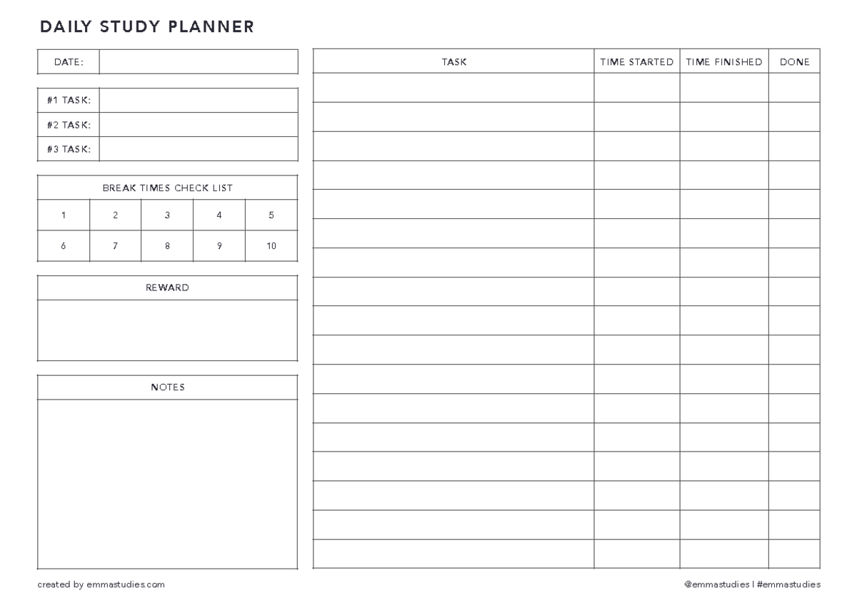 *Monday Study Pack PDF - DAILY STUDY PLANNER DATE: #1 TASK: #2 TASK: #3 ...