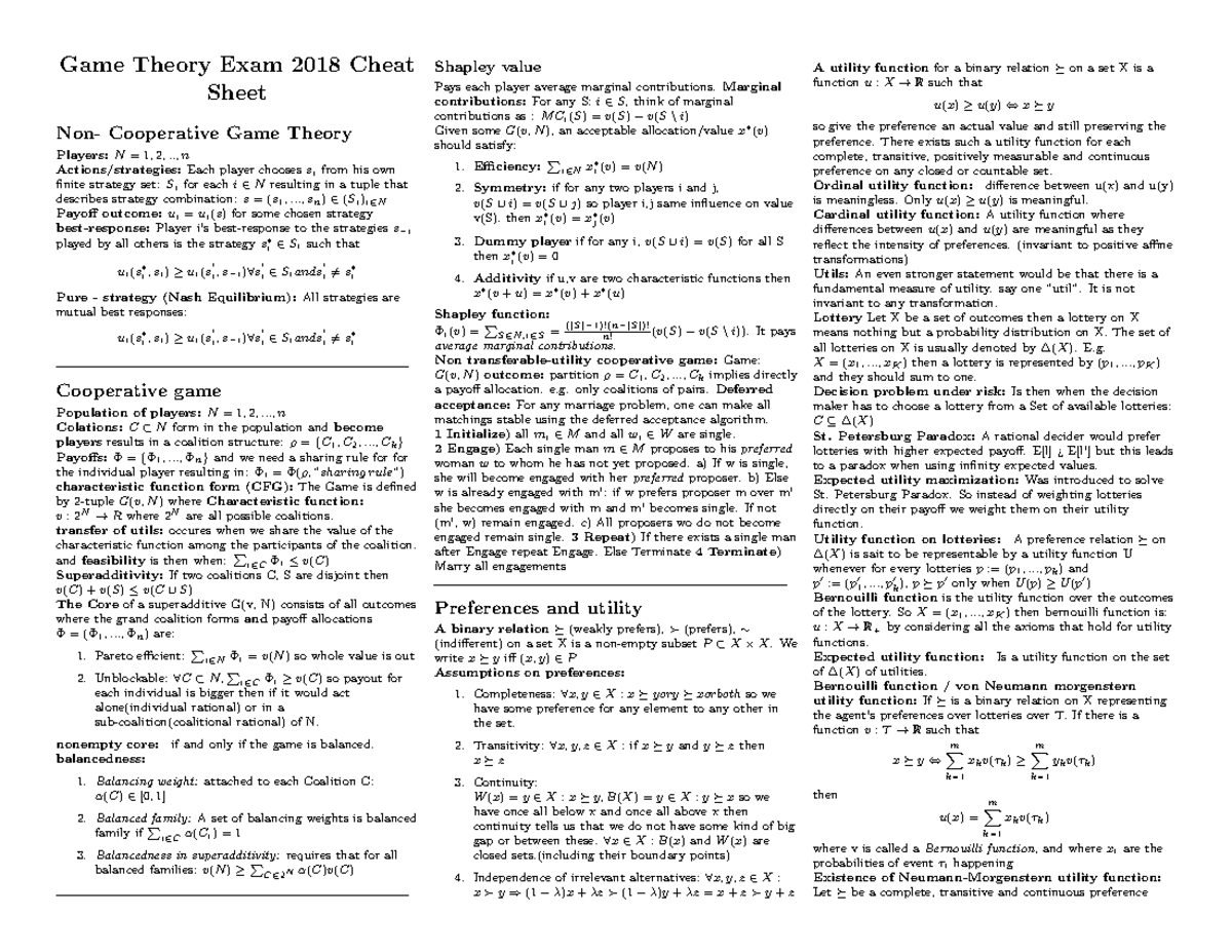 Game theory cheat sheet - Game Theory Exam 2018 Cheat Sheet Non ...