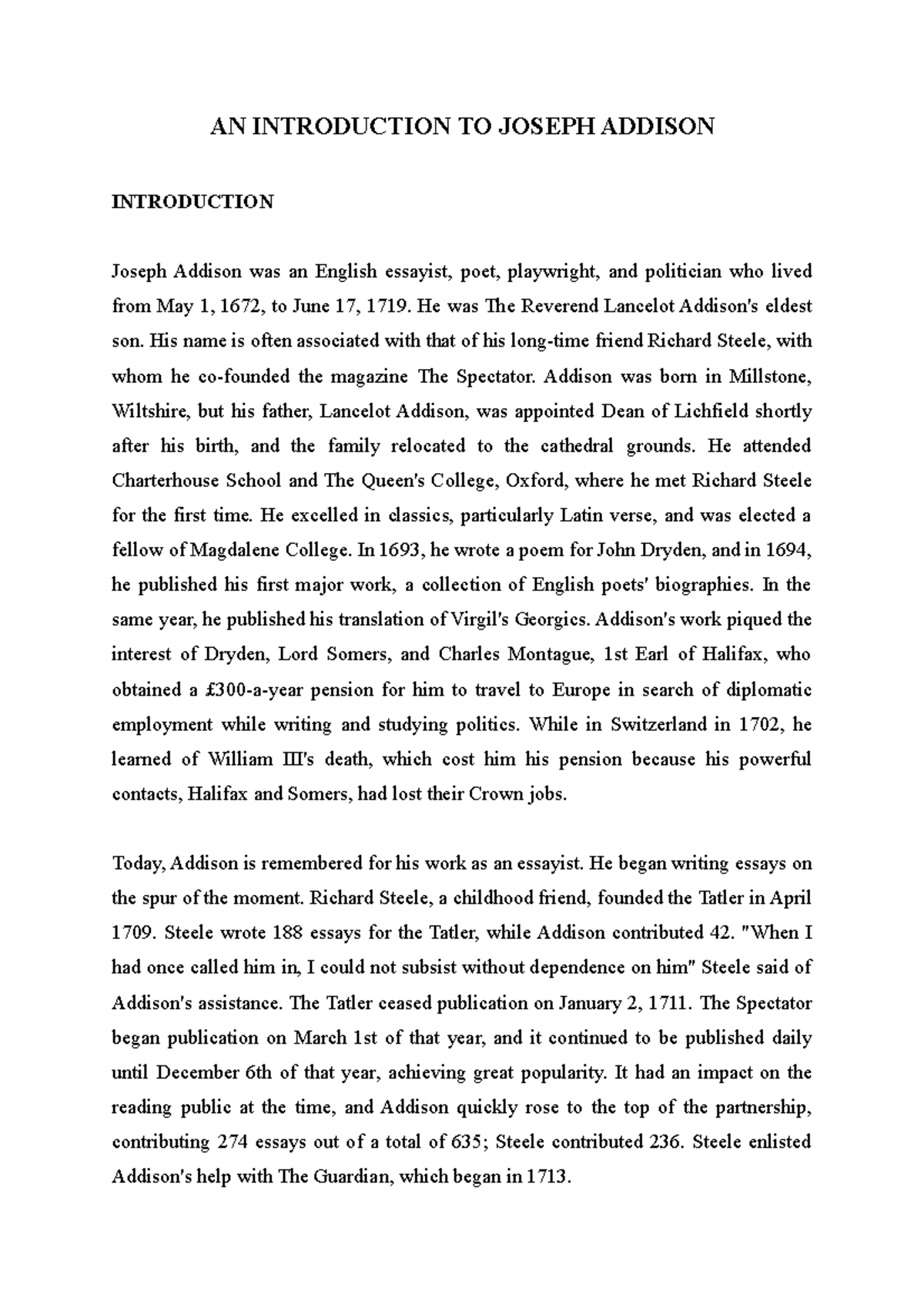 AN Introduction TO Joseph Addison AN INTRODUCTION TO JOSEPH ADDISON