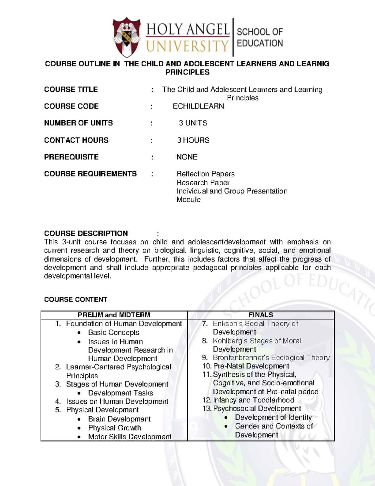 Child and Adolescence development - COURSE OUTLINE IN THE CHILD AND ...