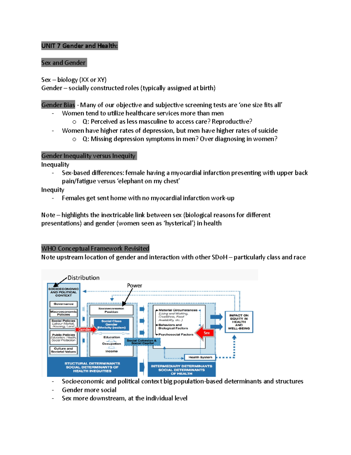 1RR3 Lecture Notes Unit 7-11 - UNIT 7 Gender and Health: Sex and Gender ...
