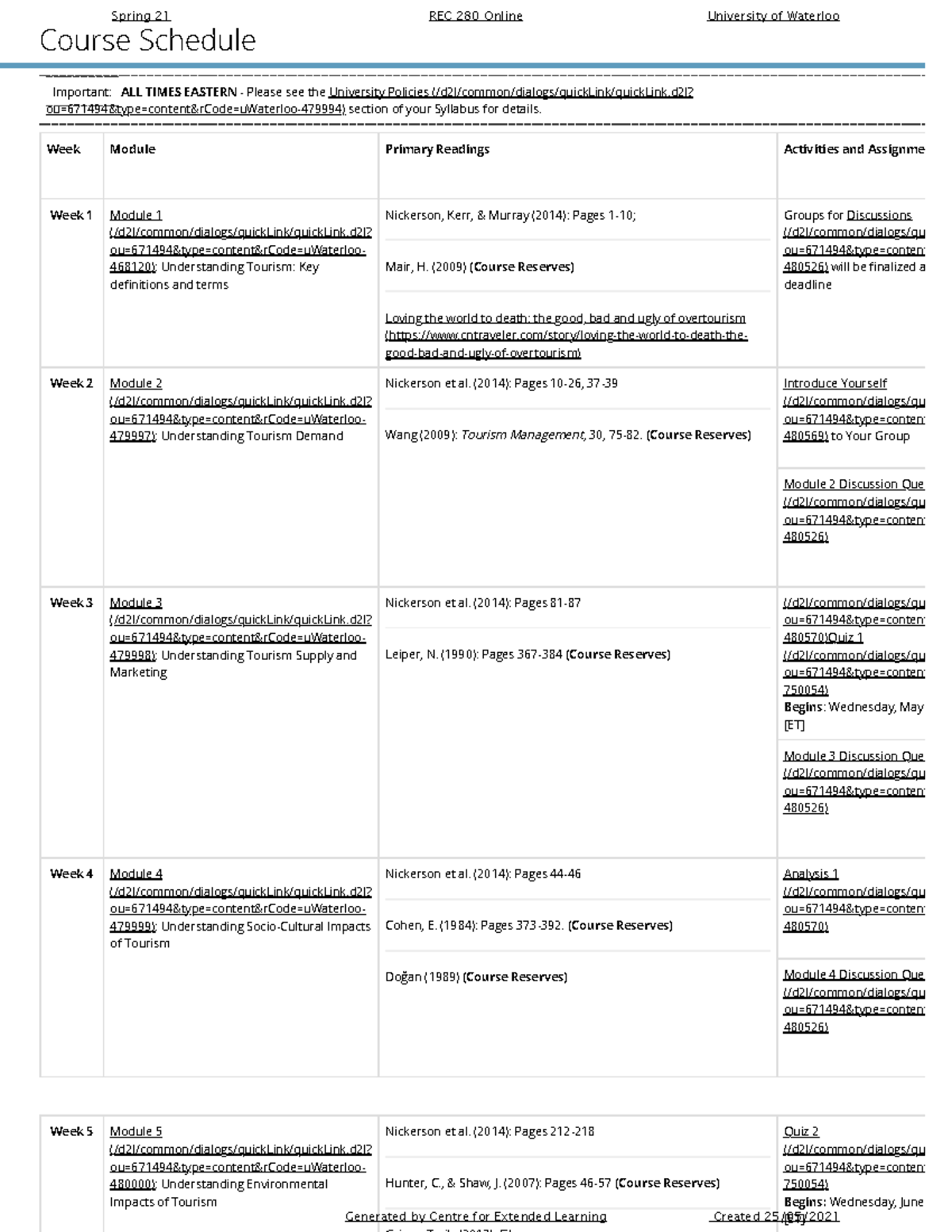 1215 REC 280 - Course Outline - Course Schedule Important: ALL TIMES ...