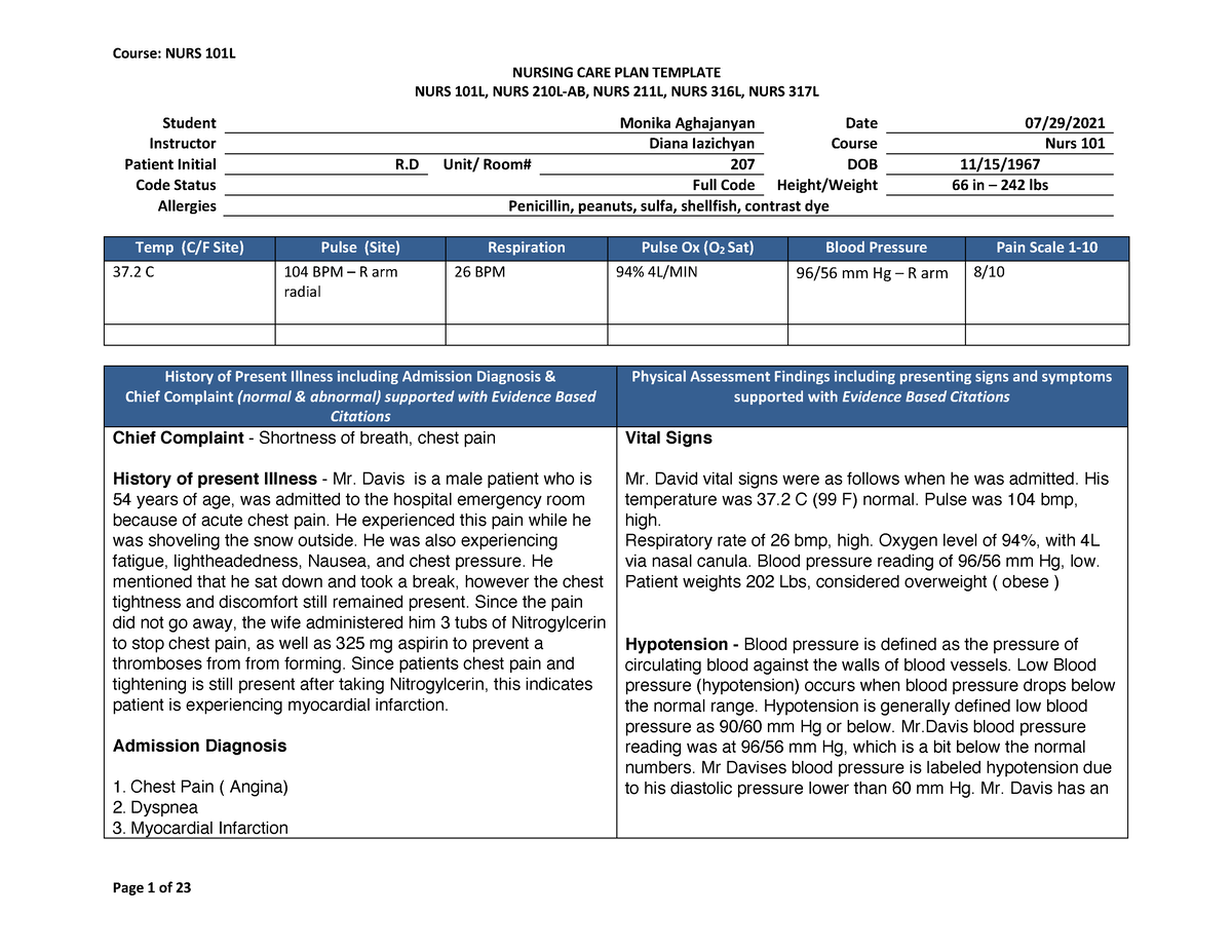 Nursing Care plan MI - care plan - NURSING CARE PLAN TEMPLATE NURS 101L ...