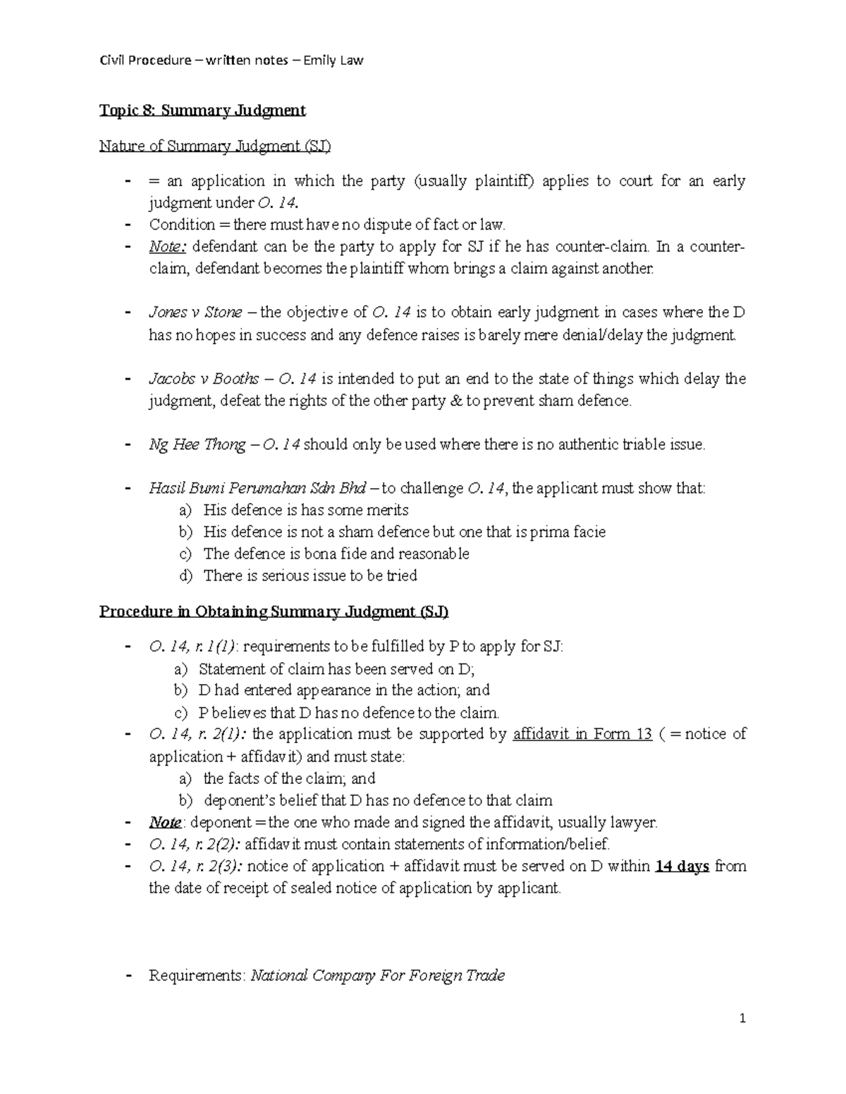 Written Notes Topic 8 civil - Topic 8: Summary Judgment Nature of ...