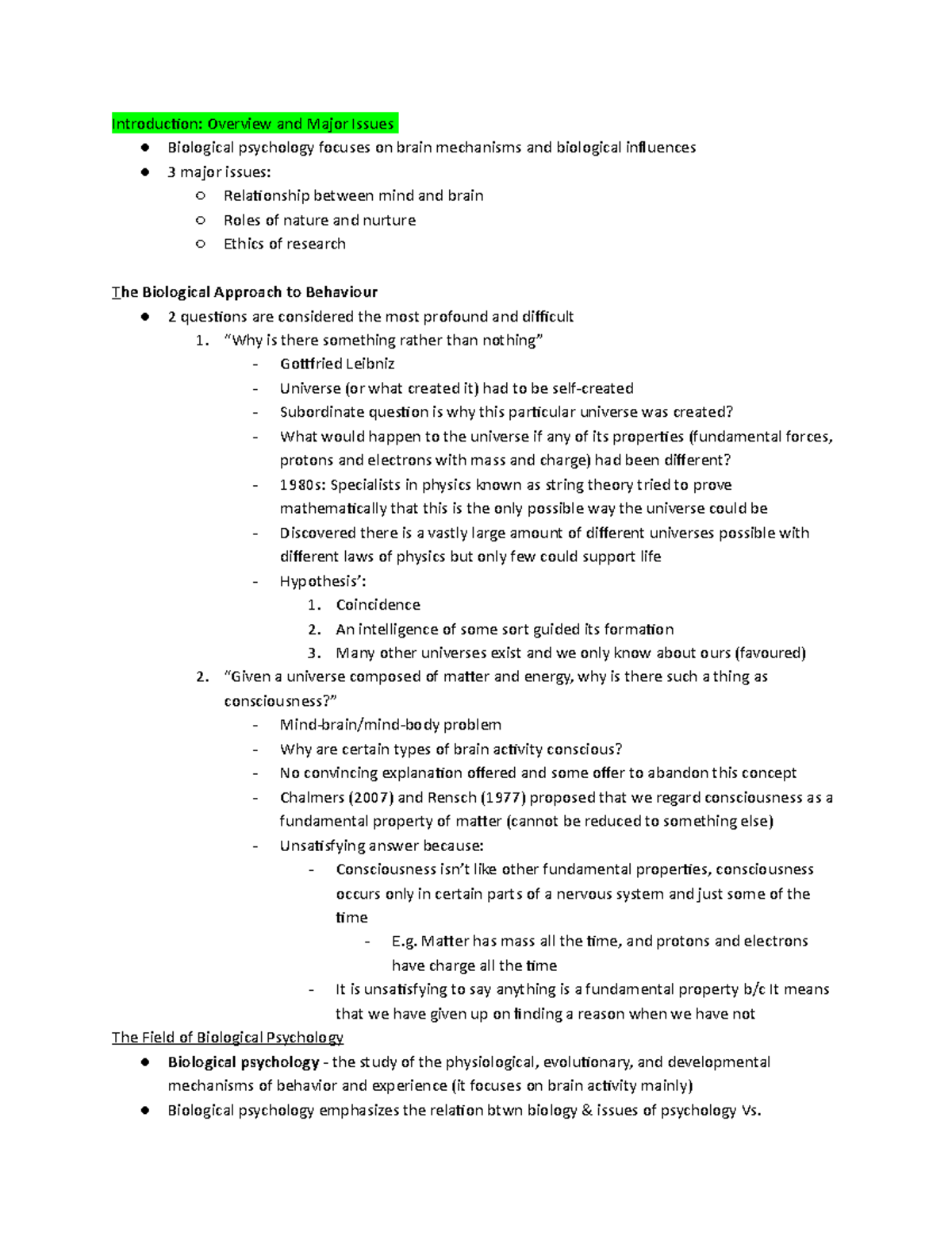 Psych 261 Notes - Introduction: Overview And Major Issues Biological ...