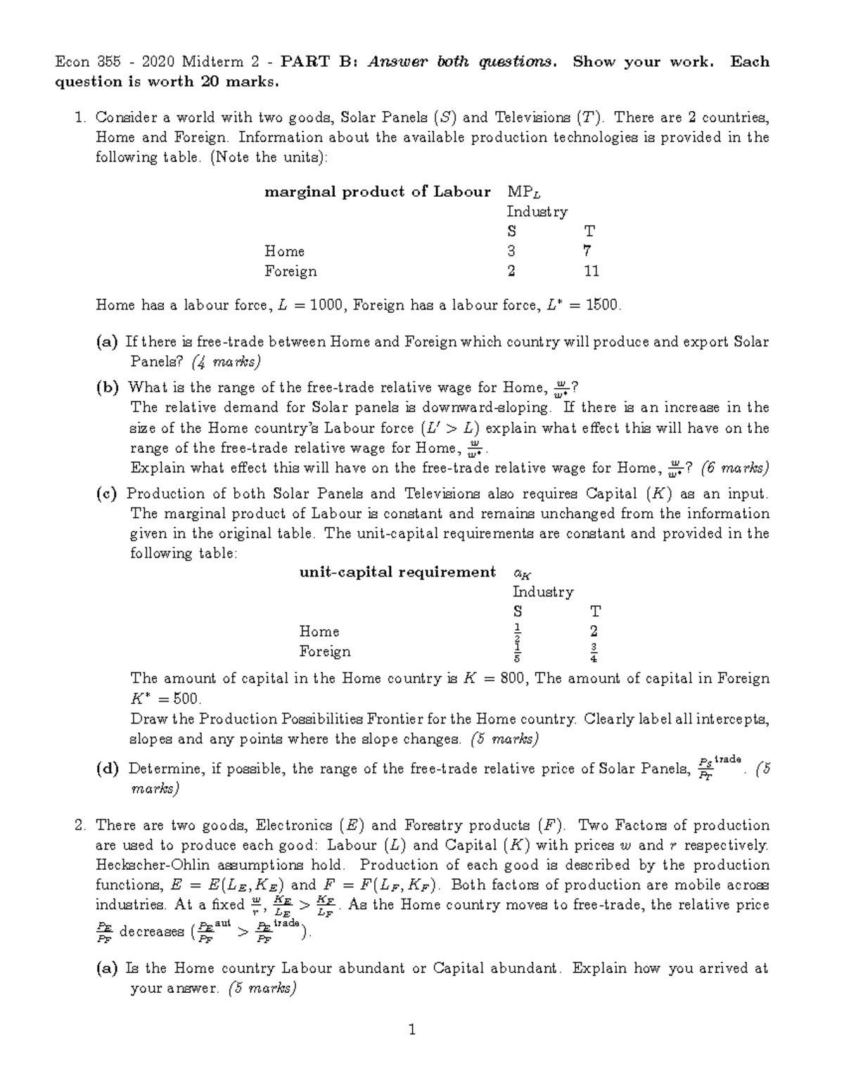 2020 - Summer - Midterm 2 - Part B - Econ 355 - 2020 Midterm 2 -PART B ...