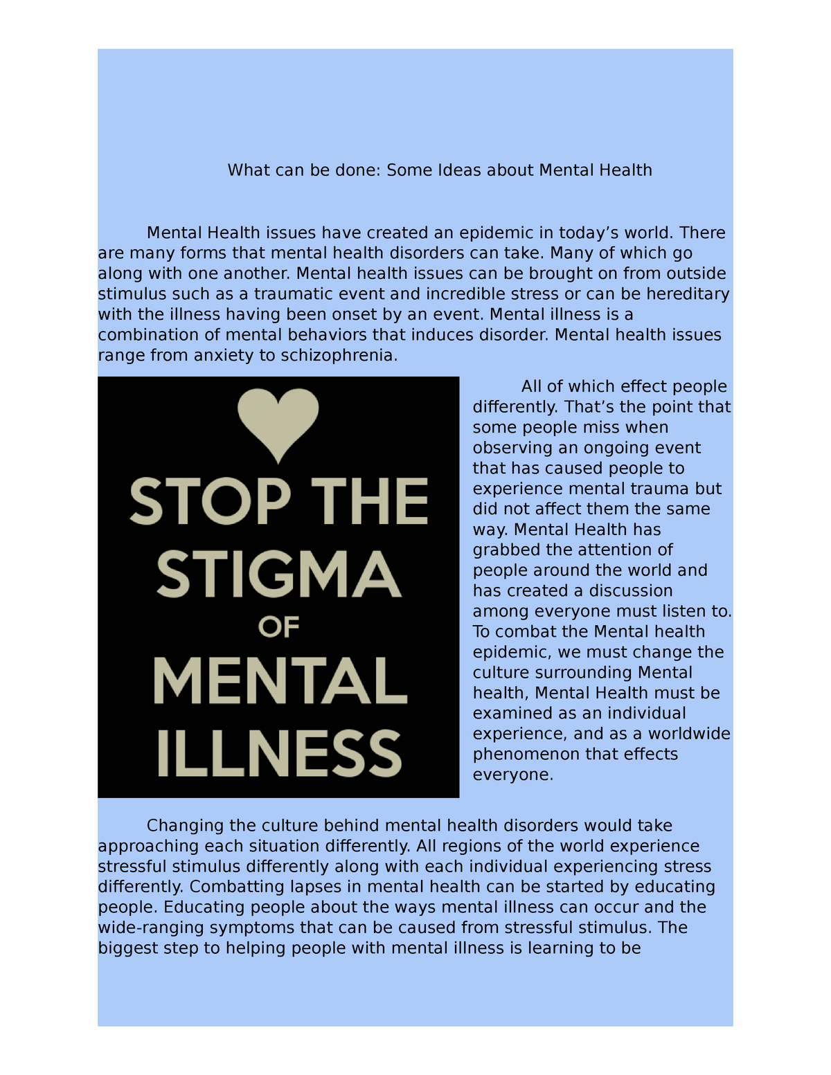 college essay on mental health example
