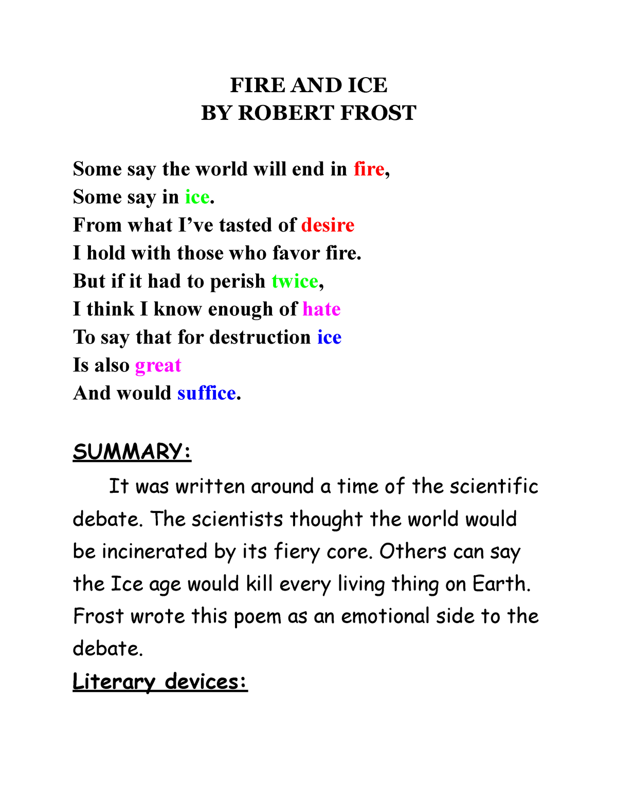 Fire And Ice - Summary Of Poem Fire And Ice - Fire And Ice By Robert Frost  Some Say The World Will - Studocu