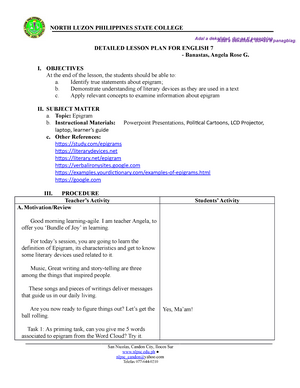 Epigram Lesson Plan Detailed Lesson Plan For English 7 Banastas Angela Rose G I Objectives At Studocu