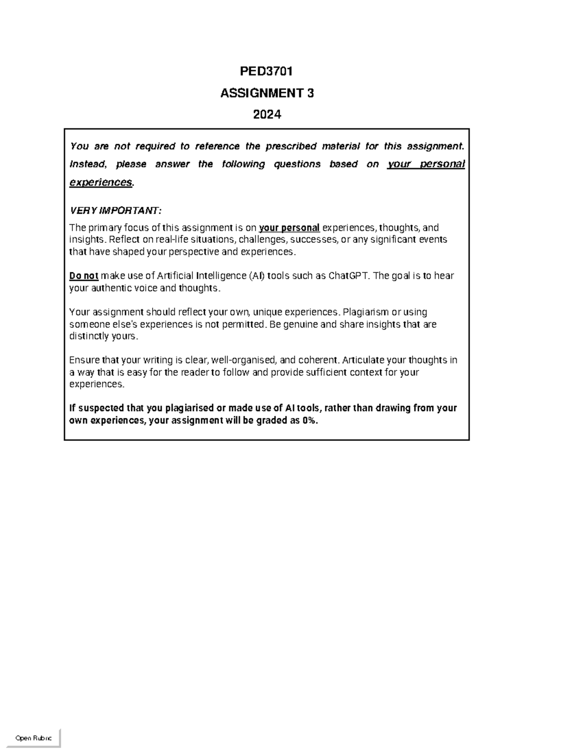 PED3701 Assignment 3 2024 - PED ASSIGNMENT 3 2024 You are not required ...