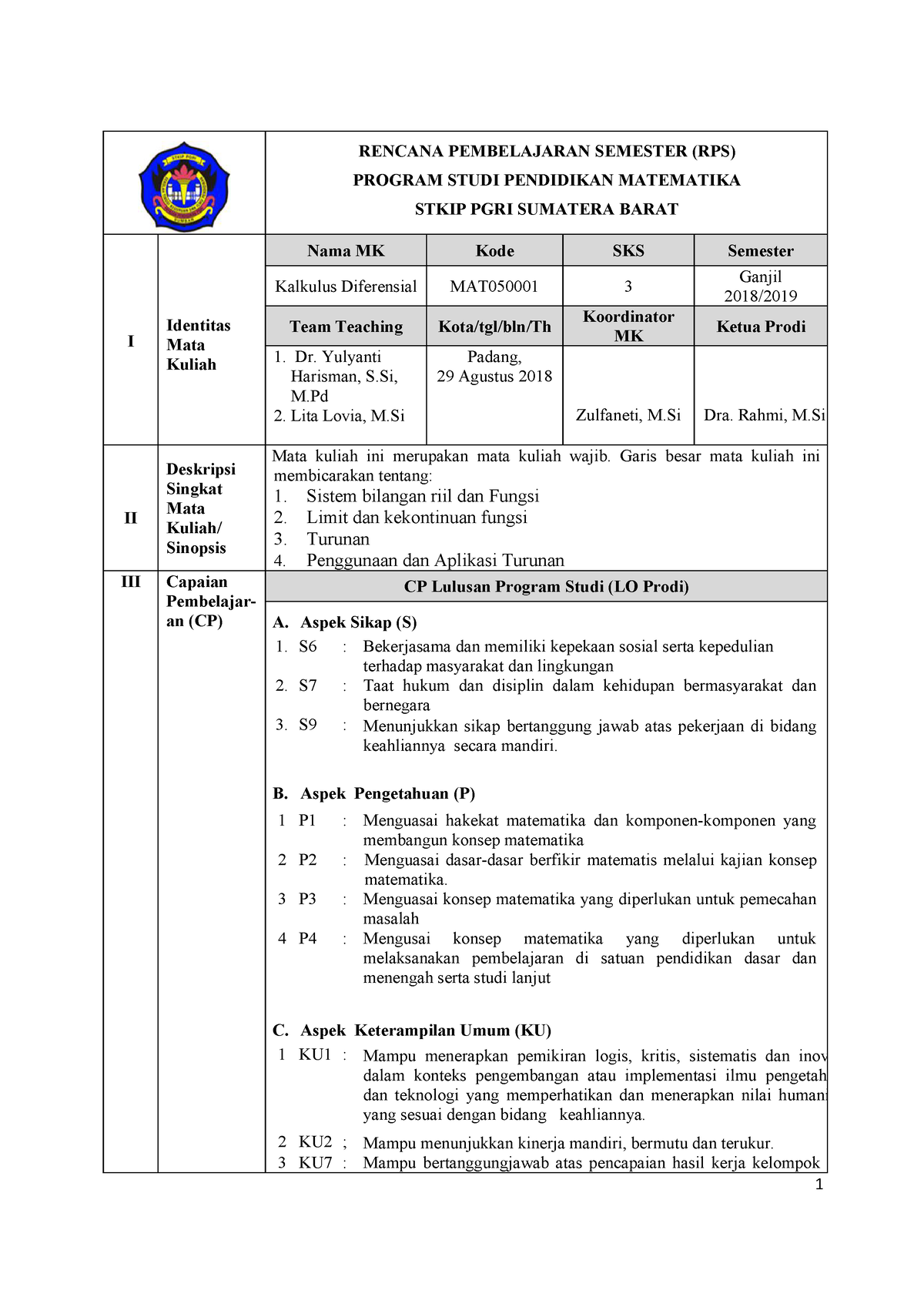 RPS Kalkulus Diferensial - RENCANA PEMBELAJARAN SEMESTER (RPS) PROGRAM ...