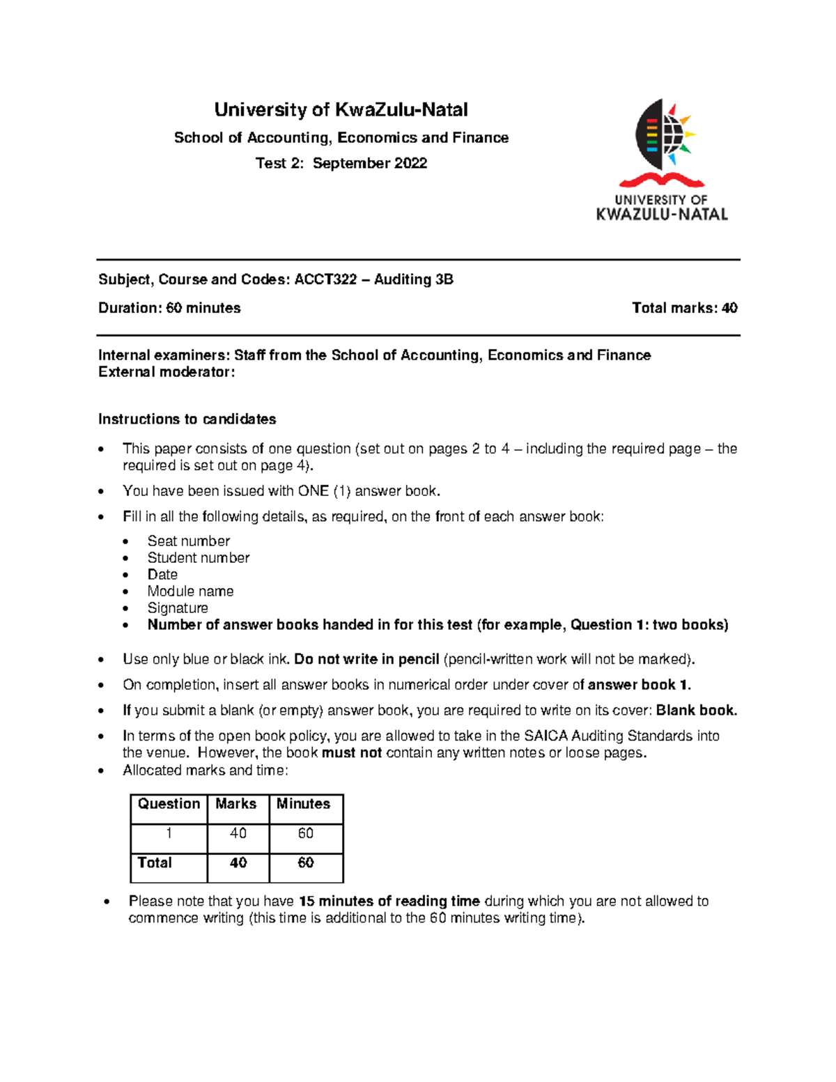 2022 Question - test - University of KwaZulu-Natal School of Accounting ...