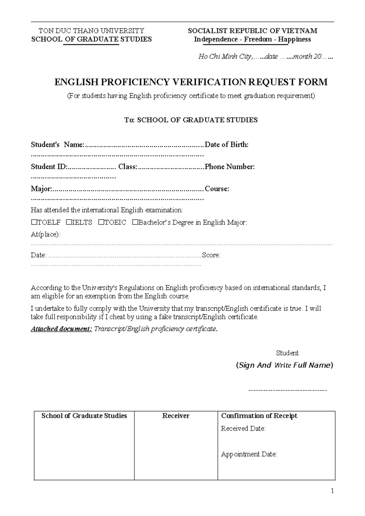 8. English Proficiency Verification Request form final - TON DUC THANG ...