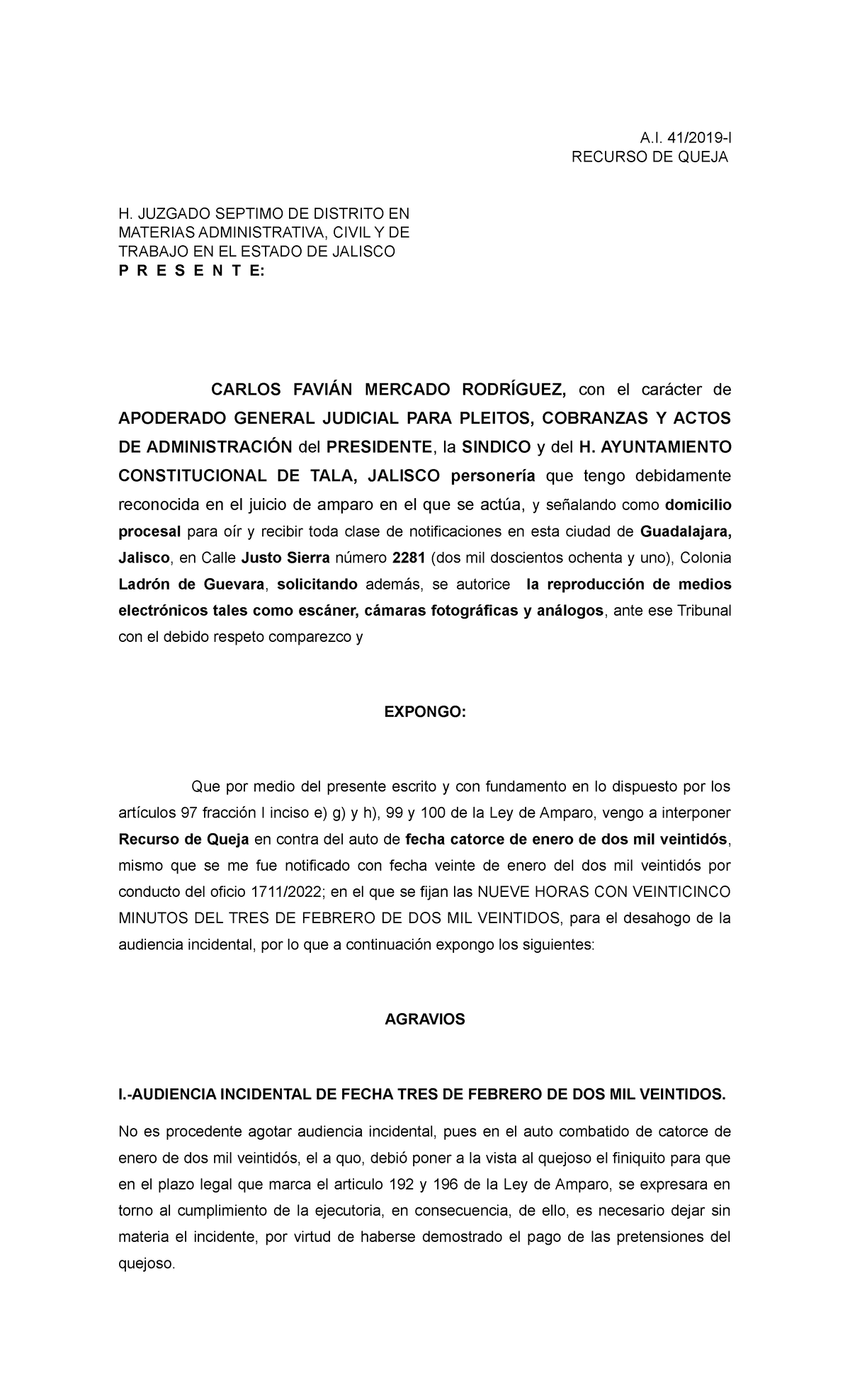 Recurso DE Queja 41 2019 - A. 41/2019-I RECURSO DE QUEJA H. JUZGADO ...