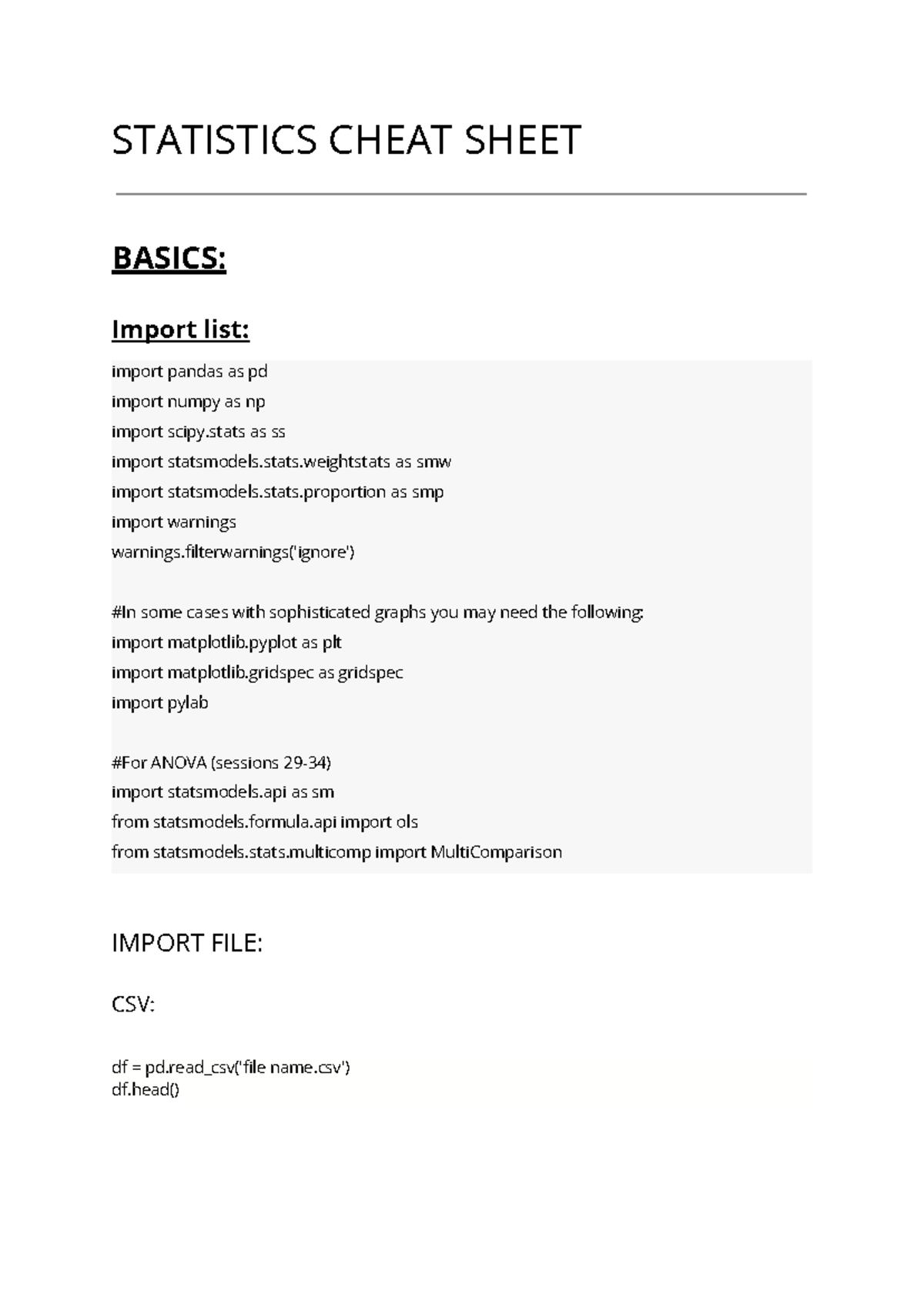 Statistics Cheat Sheet - STATISTICS CHEAT SHEET BASICS: Import list ...