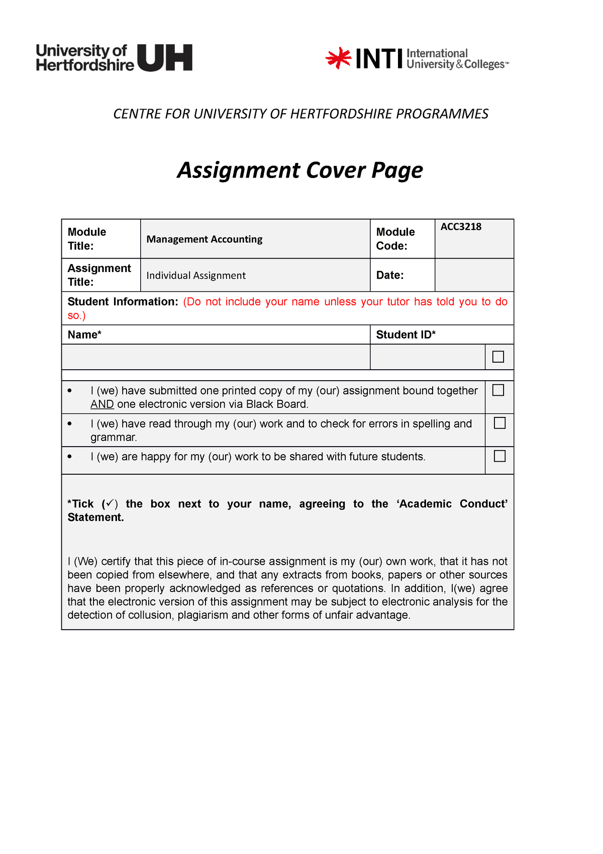 university of hertfordshire assignment submission